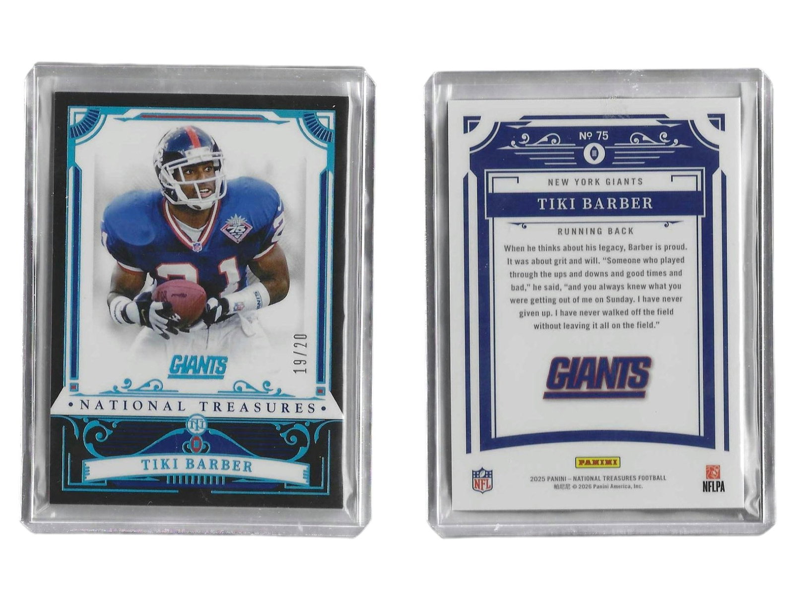 2025 PANINI NT FOOTBALL TIKI BARBER #75 /20 GIANTS: This low-numbered sports card collectible features franchise all-time leading rusher Tiki Barber from the 2025 Panini National Treasures release. Serial numbered to just 20 copies worldwide, this shor