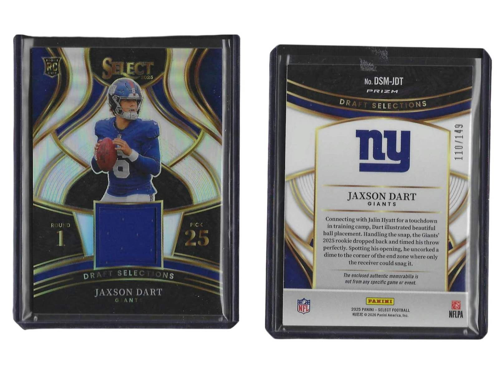 2025 PANINI SELECT FOOTBALL JAXSON DART #DSM-JDT DRAFT SELECTIONS ROOKIE PATCH /149 GIANTS (1 of 3)