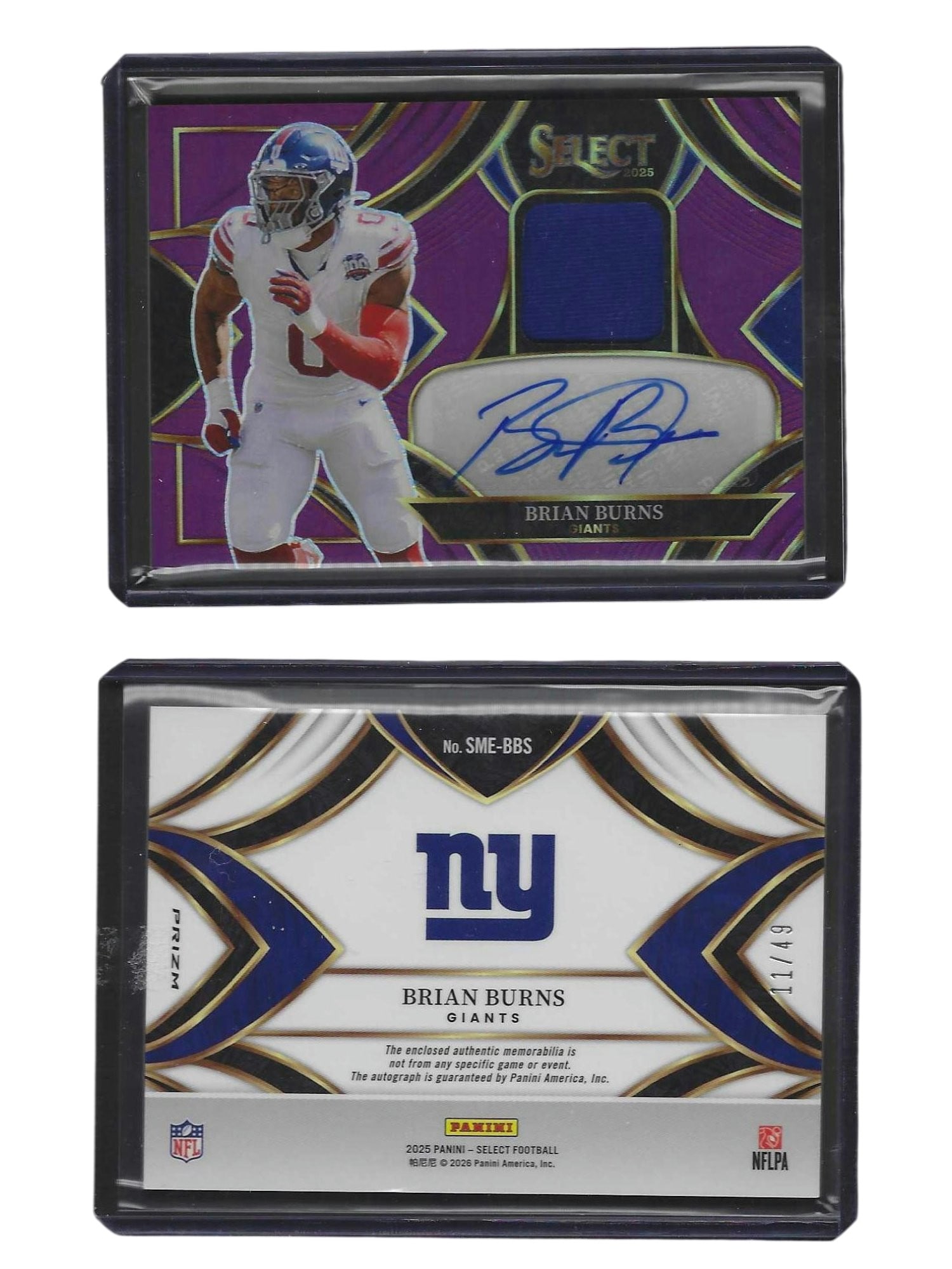2025 PANINI SELECT FOOTBALL BRIAN BURNS #SME-BBS PATCH AUTO /49 GIANTS (1 of 3)