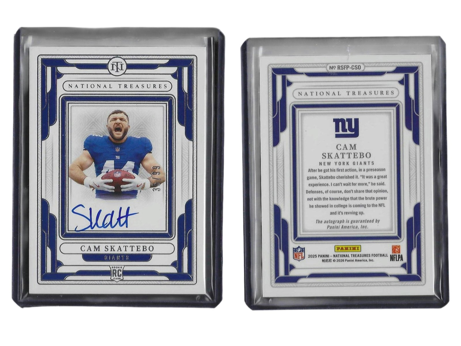 2025 PANINI NT FOOTBALL CAM SKATTEBO #RSFP-CSO ROOKIE AUTO /99 GIANTS: This high-end sports card collectible features rookie rusher Cam Skattebo from the prestigious 2025 Panini National Treasures release. Showcasing an authentic on-card signature across the card face, t
