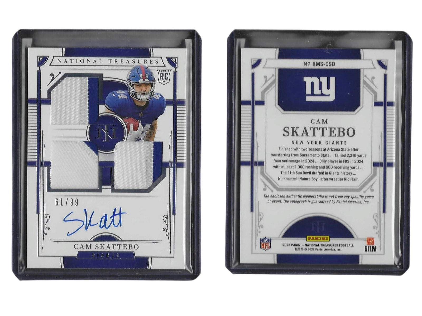 2025 PANINI NT FOOTBALL CAM SKATTEBO #RMS-CSO RPA /99 GIANTS: This coveted sports card collectible features rookie running back Cam Skattebo from the gold standard 2025 Panini National Treasures release. Pairing an authentic on-card signature with an authentic j
