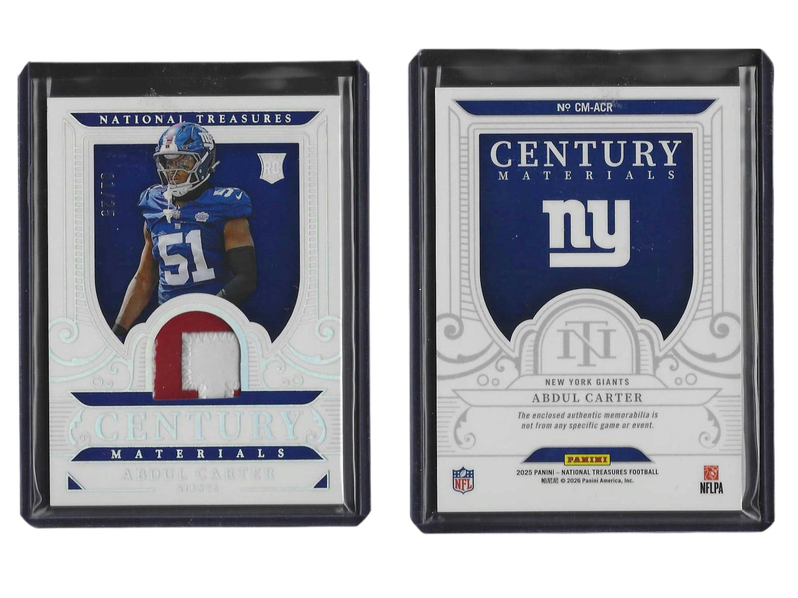 2025 PANINI NT FOOTBALL ABDUL CARTER #CM-ACR CENTURY MATERIALS ROOKIE PATCH /25 GIANTS (1 of 3)
