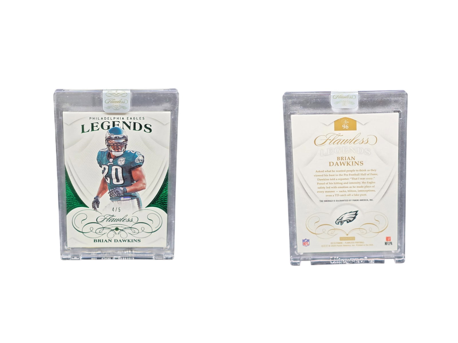 2019 PANINI FLAWLESS FOOTBALL BRIAN DAWKINS #96 EMERALD IN CARD /5 EAGLES: This breathtaking sports card collectible features Pro Football Hall of Fame safety Brian Dawkins from the revered 2019 Panini Flawless Football release. Embedded with an authentic precious Emerald ge
