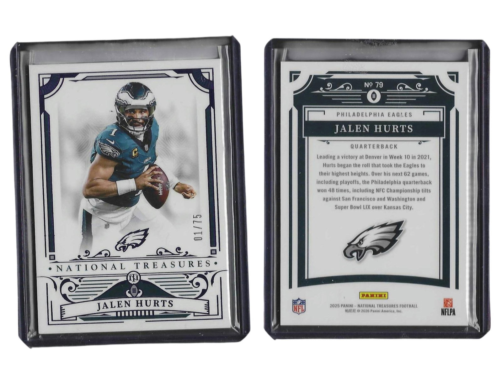 2025 PANINI NT FOOTBALL JALEN HURTS #79 /75 EAGLES: This high-end sports card collectible features All-Pro franchise quarterback Jalen Hurts from the prestigious 2025 Panini National Treasures release. Serial numbered out of 75 copies, this base parall