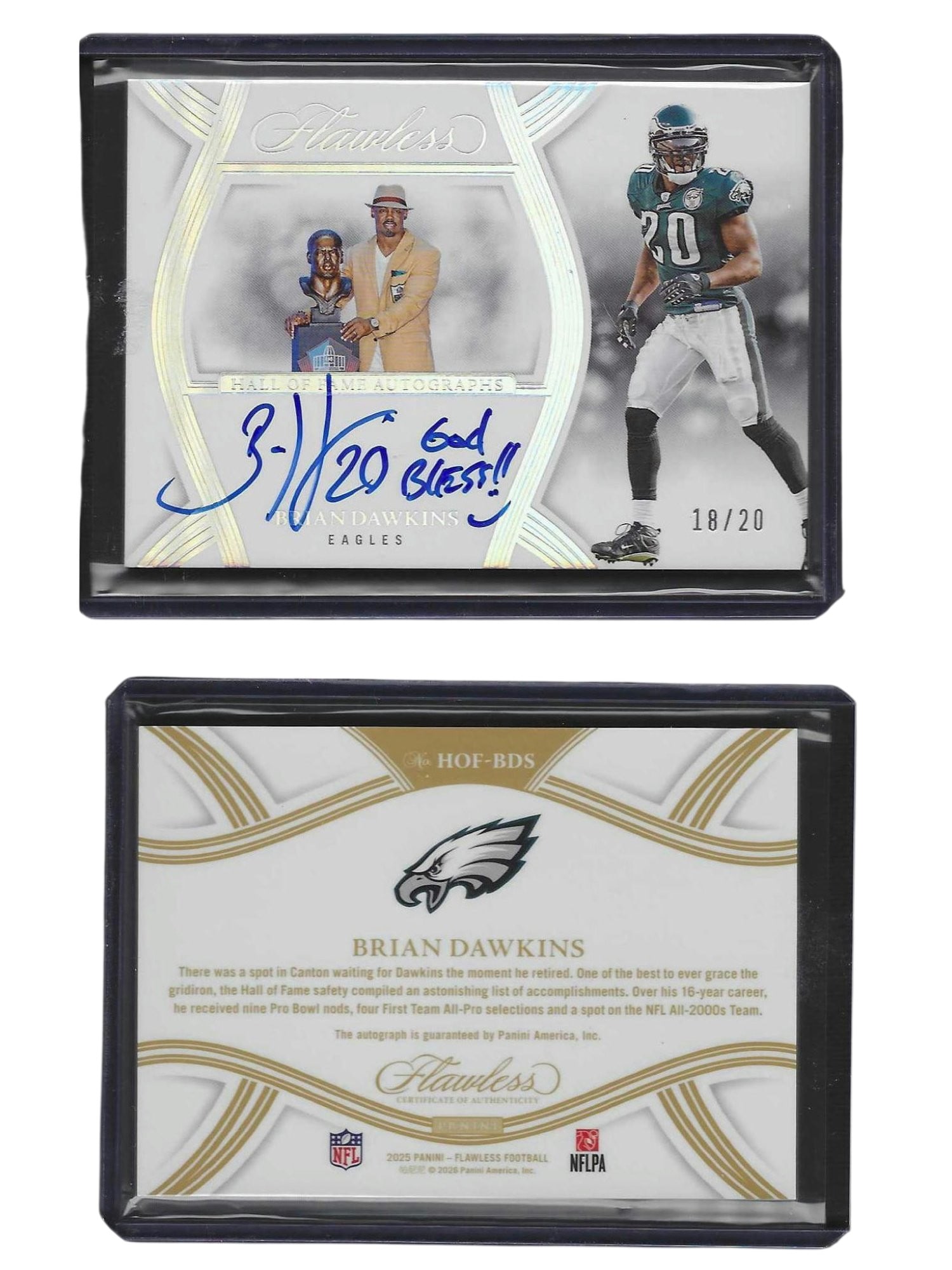 2025 PANINI FLAWLESS FOOTBALL BRIAN DAWKINS #HOF-BDS HALL OF FAME AUTO /20 EAGLES: This premier sports card collectible features Hall of Fame safety Brian Dawkins from the pinnacle 2025 Panini Flawless release. Boasting an on-card signature across the surface, this Hall of Fame Auto
