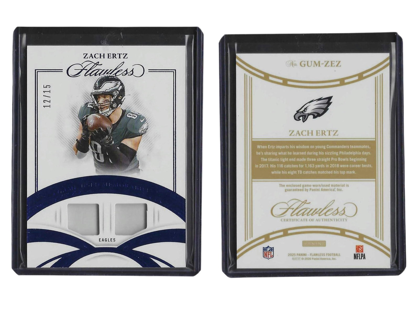 2025 PANINI FLAWLESS FOOTBALL ZACH ERTZ #GUM-ZEZ GAME WORN/USED DUAL PATCH /15 EAGLES (1 of 3)