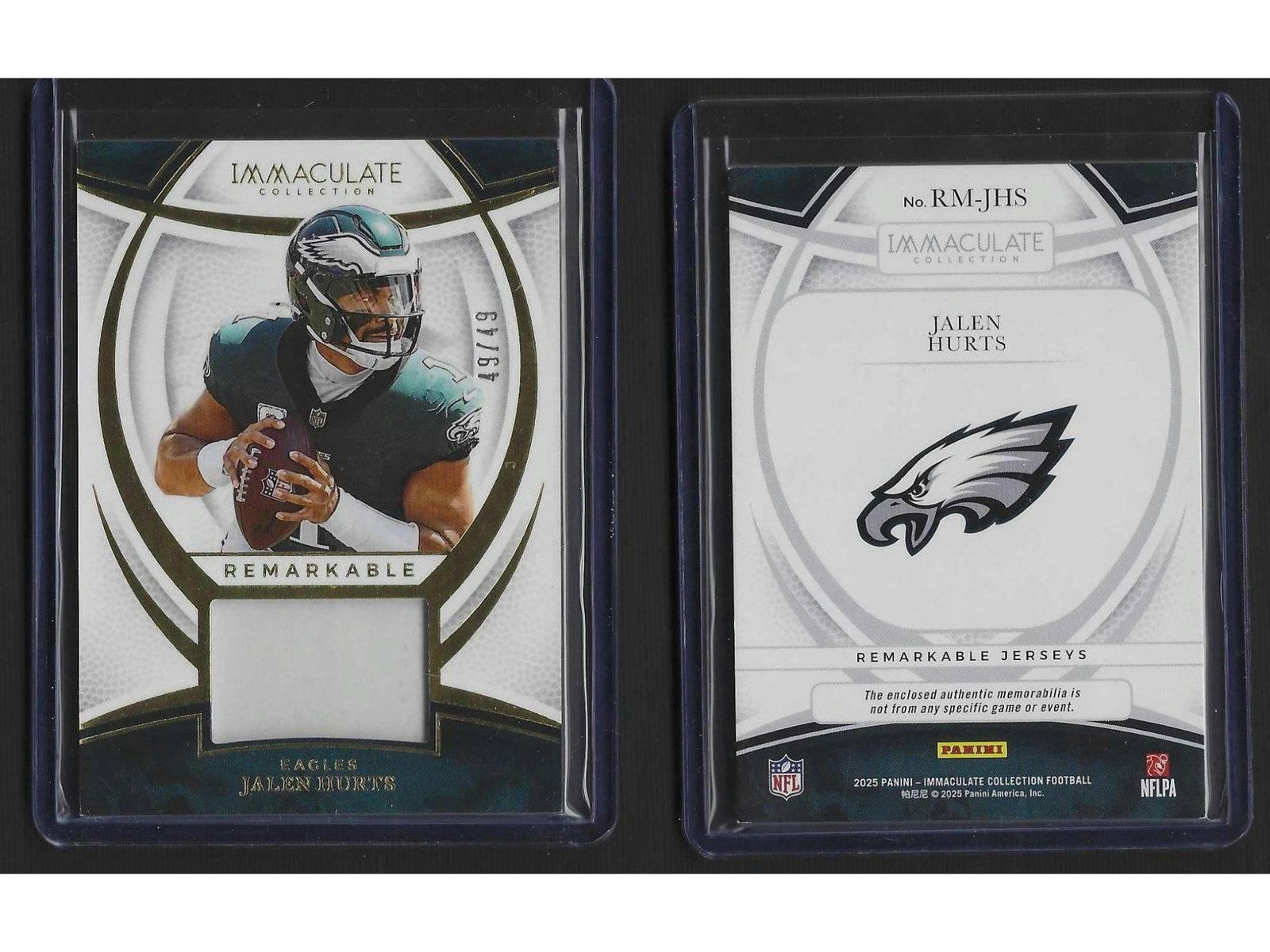 2025 IMMACULATE COLLECTION FOOTBALL JALEN HURTS #RM-JHS REMARKABLE JERSEYS PATCH / 49 EAGLES: This luxury sports card collectible features All-Pro quarterback Jalen Hurts from the revered 2025 Panini Immaculate Collection. Embedded with an authentic memorabilia patch, this Remarkable Jerseys i