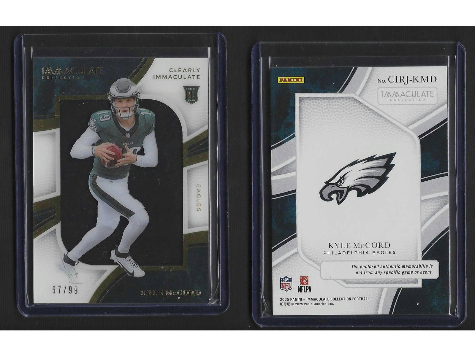 2025 PANINI IMMACULATE COLLECTION FOOTBALL KYLE MCCORD #CIRJ-KMD ROOKIE PATCH /99 EAGLES: This premier sports card collectible features rookie quarterback Kyle McCord from the 2025 Panini Immaculate Collection. Combining a clean acetate design with an authentic embedded rookie jersey patch