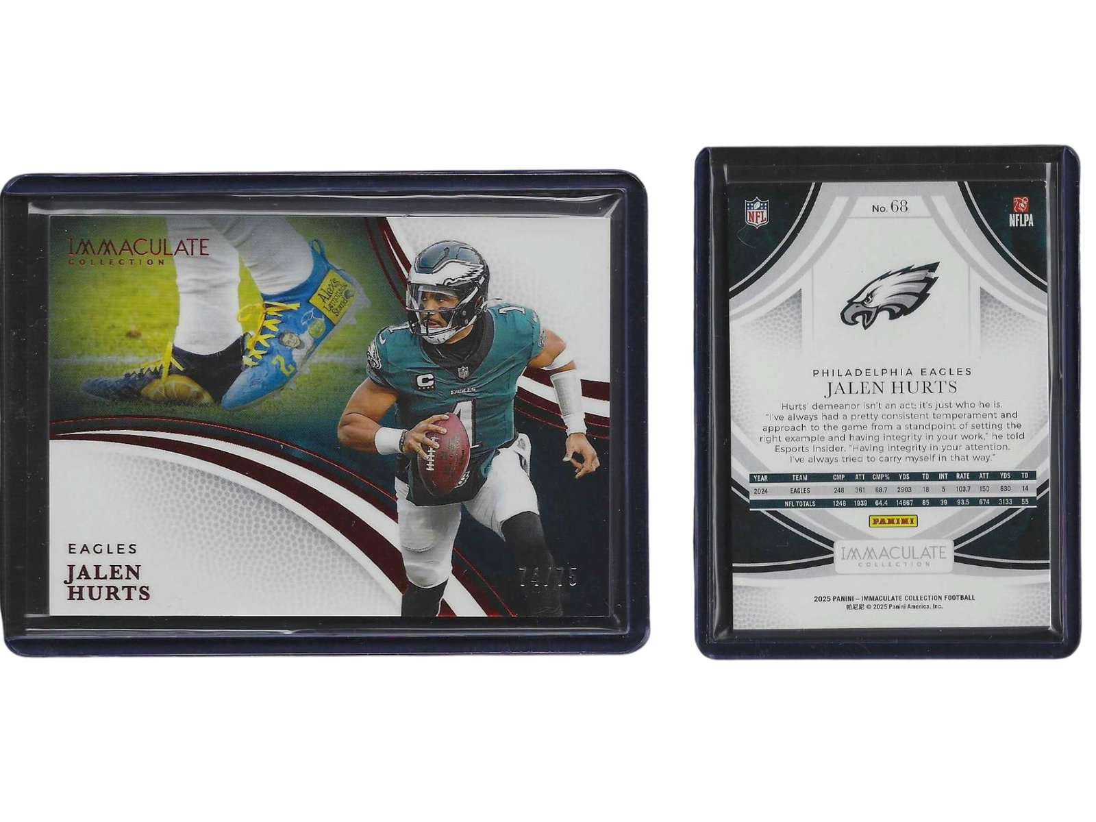 2025 PANINI IMMACULATE COLLECTION FOOTBALL JALEN HURTS #68 /75 EAGLES: This limited sports card collectible features Philadelphia Eagles franchise quarterback Jalen Hurts from the 2025 Panini Immaculate Collection. Serial numbered to 75 copies, this base parallel feature