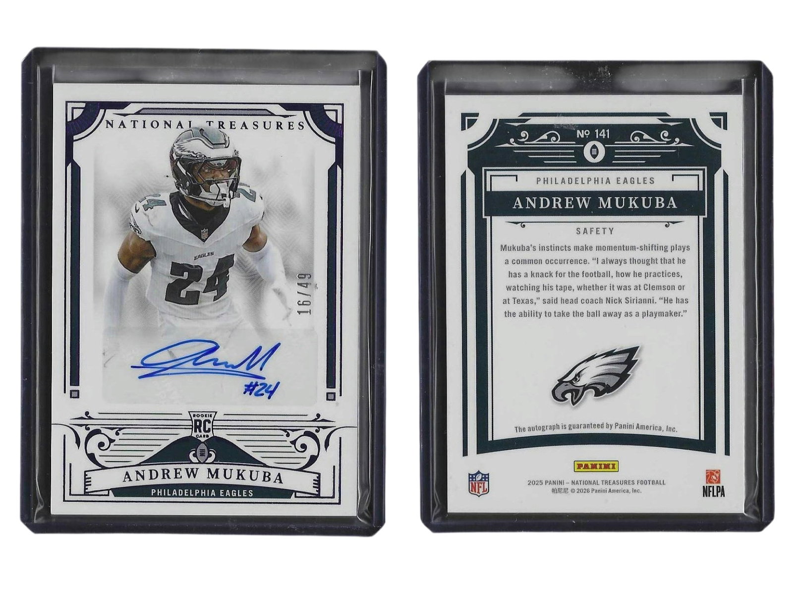 2025 PANINI NT FOOTBALL ANDREW MUKUBA #141 ROOKIE AUTO /49 EAGLES: This high-end sports card collectible features hard-hitting rookie safety Andrew Mukuba from the acclaimed 2025 Panini National Treasures release. Boasting an authentic on-card signature across the su