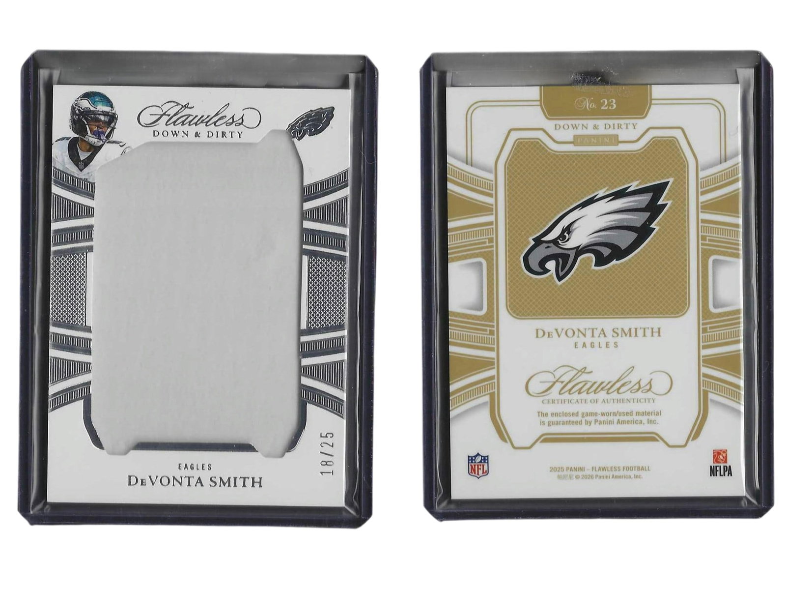 2025 PANINI FLAWLESS FOOTBALL DEVONTA SMITH #23 GAME WORN/USED /25 EAGLES: This luxury sports card collectible features Heisman Trophy winner and star wide receiver DeVonta Smith from the pinnacle 2025 Panini Flawless release. Embedded with an authentic game-worn/used jersey
