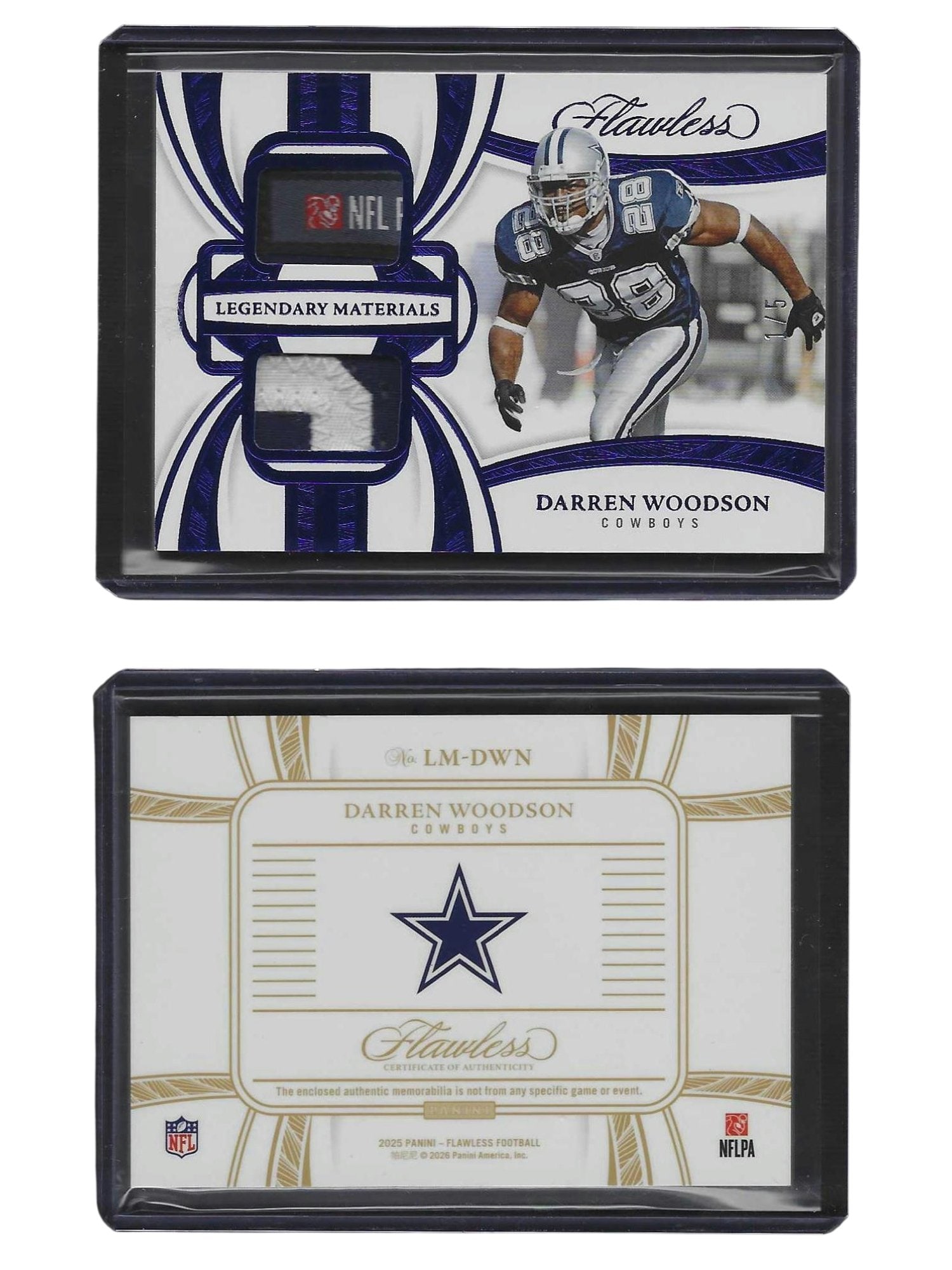 2025 PANINI FLAWLESS FOOTBALL DARREN WOODSON #LM-DWN LEGENDARY MATERIALS DUAL PATCH /5 COWBOYS: This 2025 Panini Flawless "Legendary Materials" dual patch memorabilia card features legendary safety Darren Woodson. Serial-numbered to just 5 copies (such as the ultra-exclusive Sapphire parallel), 