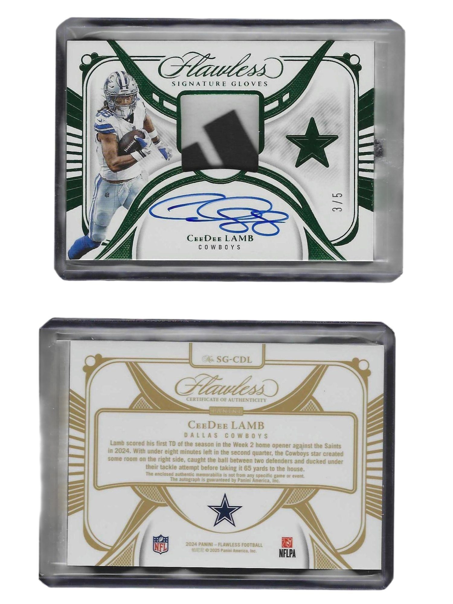 2024 PANINI FLAWLESS FOOTBALL CEEDEE LAMB #SG-CDL SIGNATURE GLOVES PATCH AND AUTO /5 COWBOYS: This 2024 Panini Flawless "Signature Gloves" memorabilia and autographed card features star wide receiver CeeDee Lamb. Serial-numbered to just 5 copies (such as the ultra-exclusive Emerald parallel), 