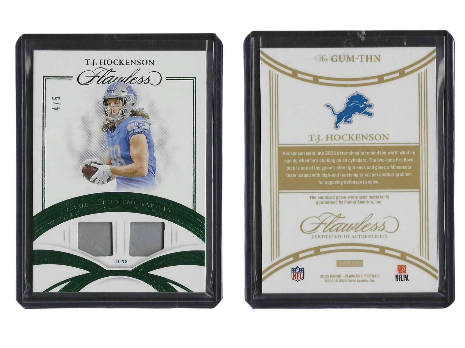 2025 PANINI FLAWLESS FOOTBALL T.J. HOCKENSON #GUM-THN GAME USED/WORN DUAL PATCH /5 LIONS (1 of 3)
