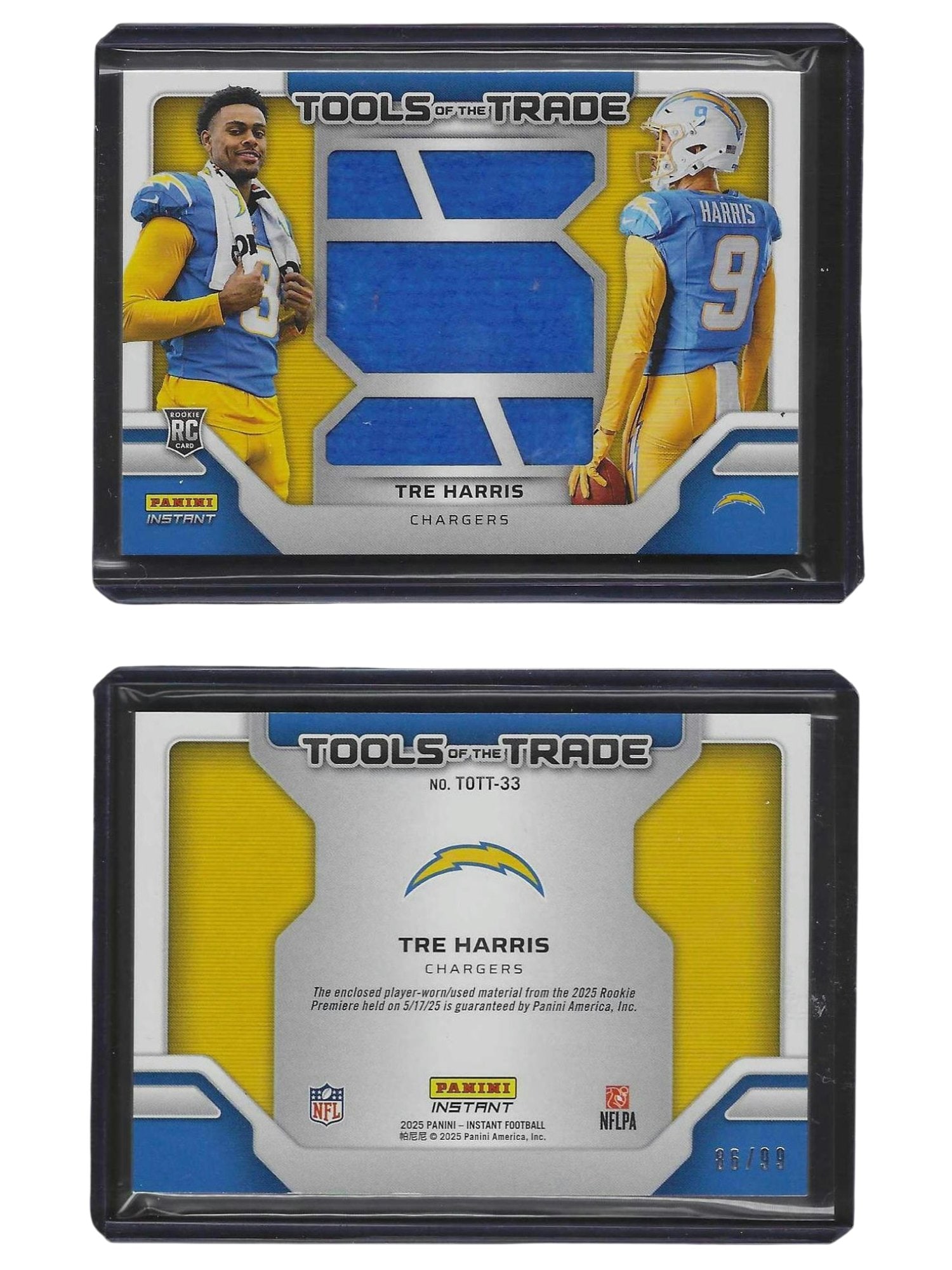2025 PANINI INSTANT FOOTBALL TRE HARRIS #T0TT-33 TOOLS OF THE TRADE USED/WORN ROOKIE PATCH /99: This 2025 Panini Instant "Tools of the Trade" memorabilia rookie card features standout wide receiver Tre Harris. Serial-numbered to 99, this limited-edition piece highlights a premium game-worn or pl