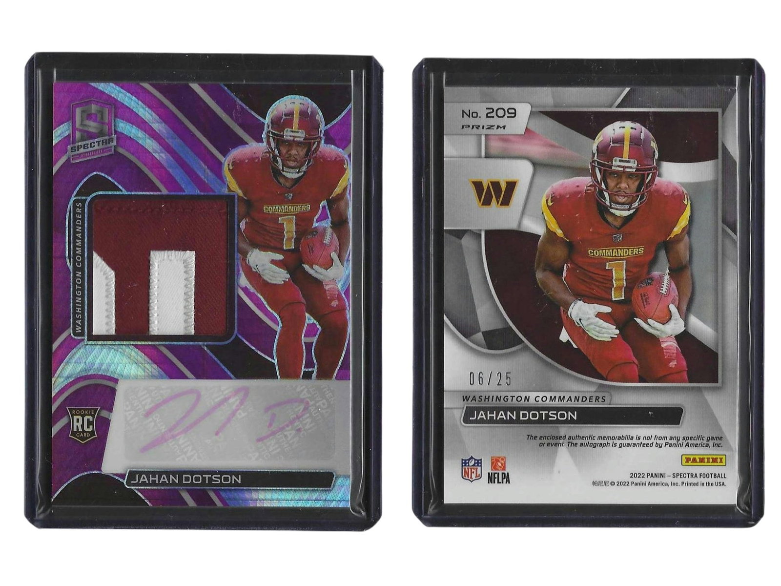 2022 PANINI SPECTRA FOOTBALL JAHAN DOTSON #209 RPA /25 COMMANDERS: This 2022 Panini Spectra "Rookie Patch Autograph" (RPA) card features wide receiver Jahan Dotson. Serial-numbered to just 25 copies, this ultra-limited, high-end piece pairs a bold signature with a pr