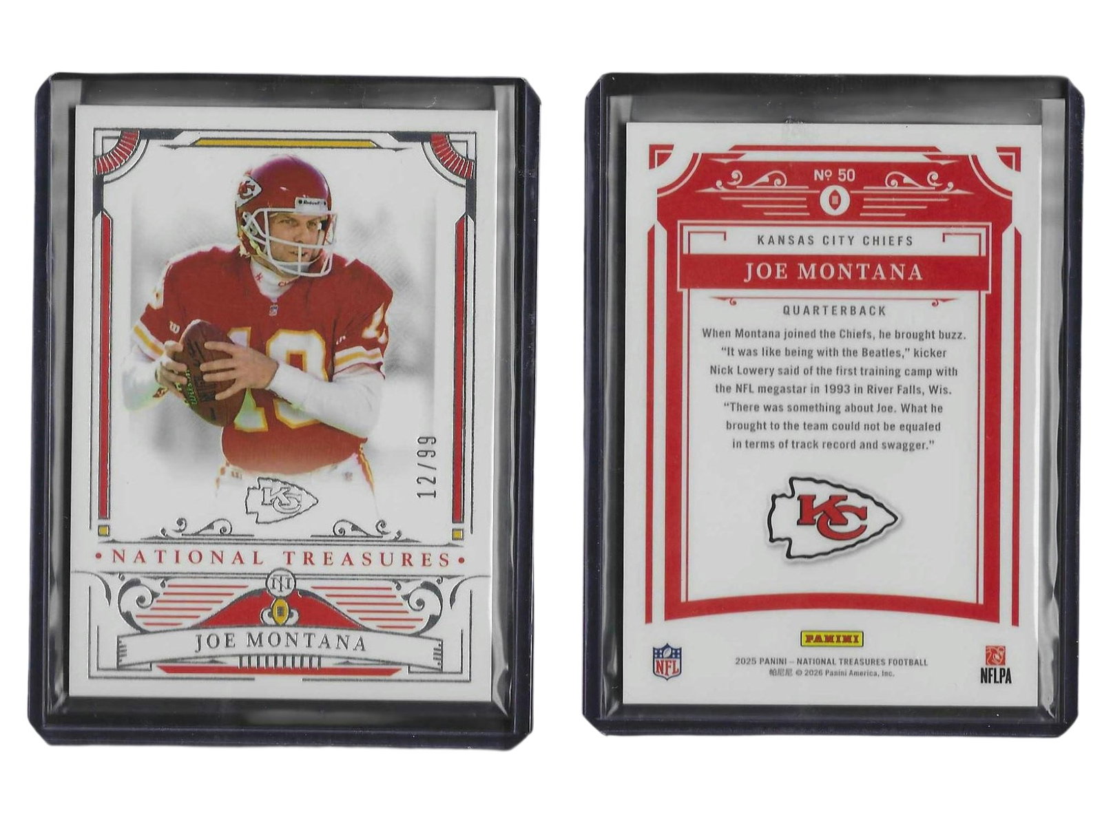 2025 PANINI NT FOOTBALL JOE MONTANA #50 /99 CHIEFS: This 2025 Panini National Treasures card features legendary Hall of Fame quarterback Joe Montana. Serial-numbered to 99, this limited-edition piece celebrates his iconic late-career tenure with the Ka