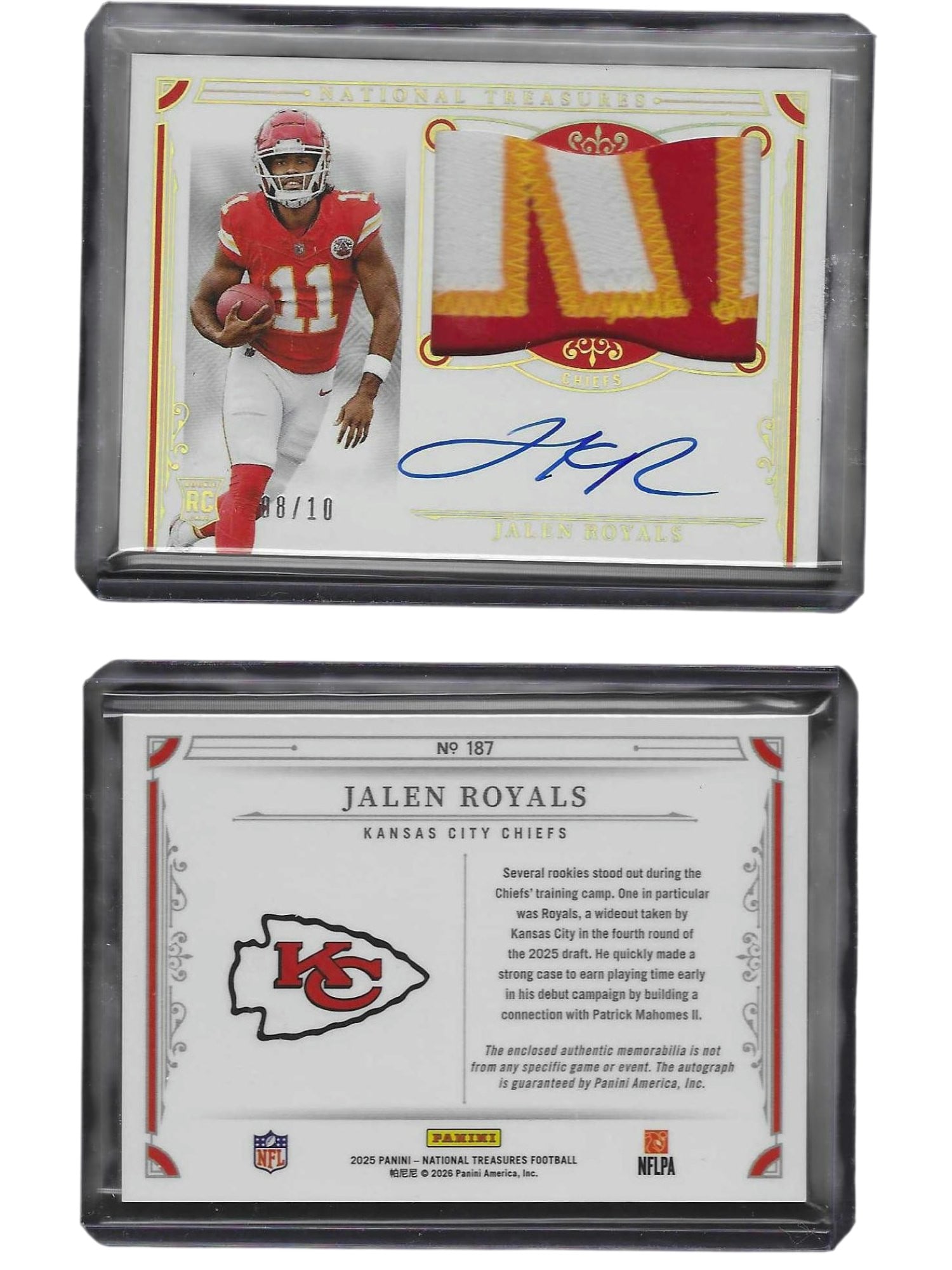 2025 PANINI NT FOOTBALL JALEN ROYALS #187 RPA /10 CHIEFS: This 2025 Panini National Treasures Rookie Patch Autograph (RPA) card features dynamic wide receiver Jalen Royals. Serial-numbered to just 10 copies, this ultra-rare, high-end piece pairs a pristine o
