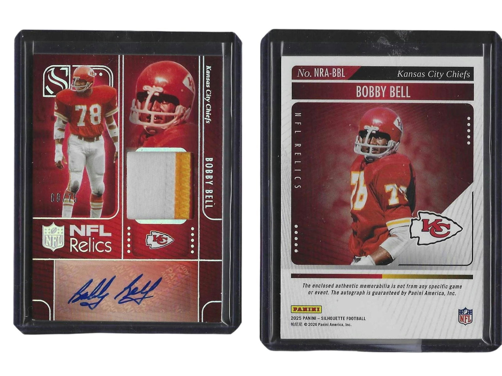 2025 PANINI SILHOUETTE FOOTBALL BOBBY BELL #NRA-BBL NFL RELICS PATCH AUTO /75 CHIEFS: This 2025 Panini Silhouette "NFL Relics Patch Autograph" card features legendary Hall of Fame linebacker Bobby Bell. Serial-numbered to 75, this limited-edition, high-end piece pairs a bold on-card si