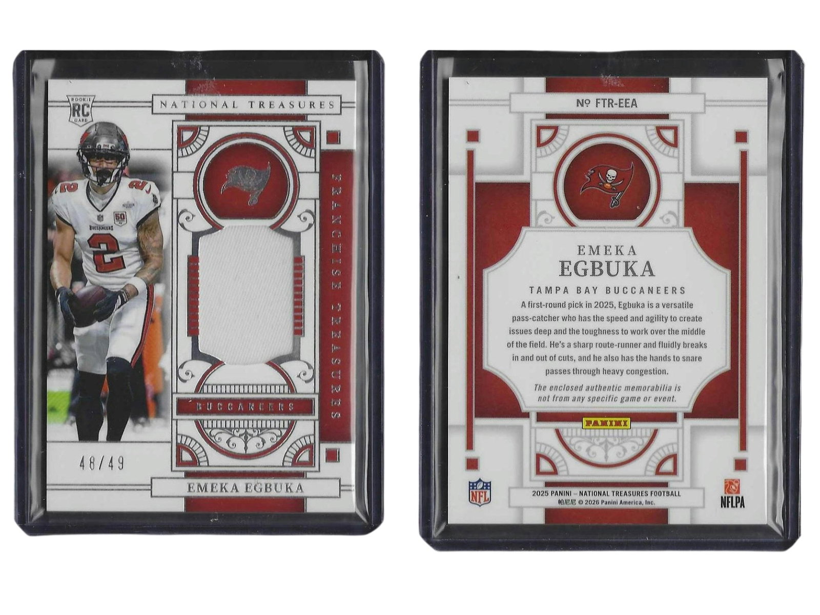 2025 PANINI NT FOOTBALL EMEKA EGBUKA #FTR-EEA ROOKIE PATCH /49 BUCCANEERS: This 2025 Panini National Treasures memorabilia rookie card features standout wide receiver Emeka Egbuka. Serial-numbered to 49, this limited-edition piece highlights a premium game-worn patch swatch 