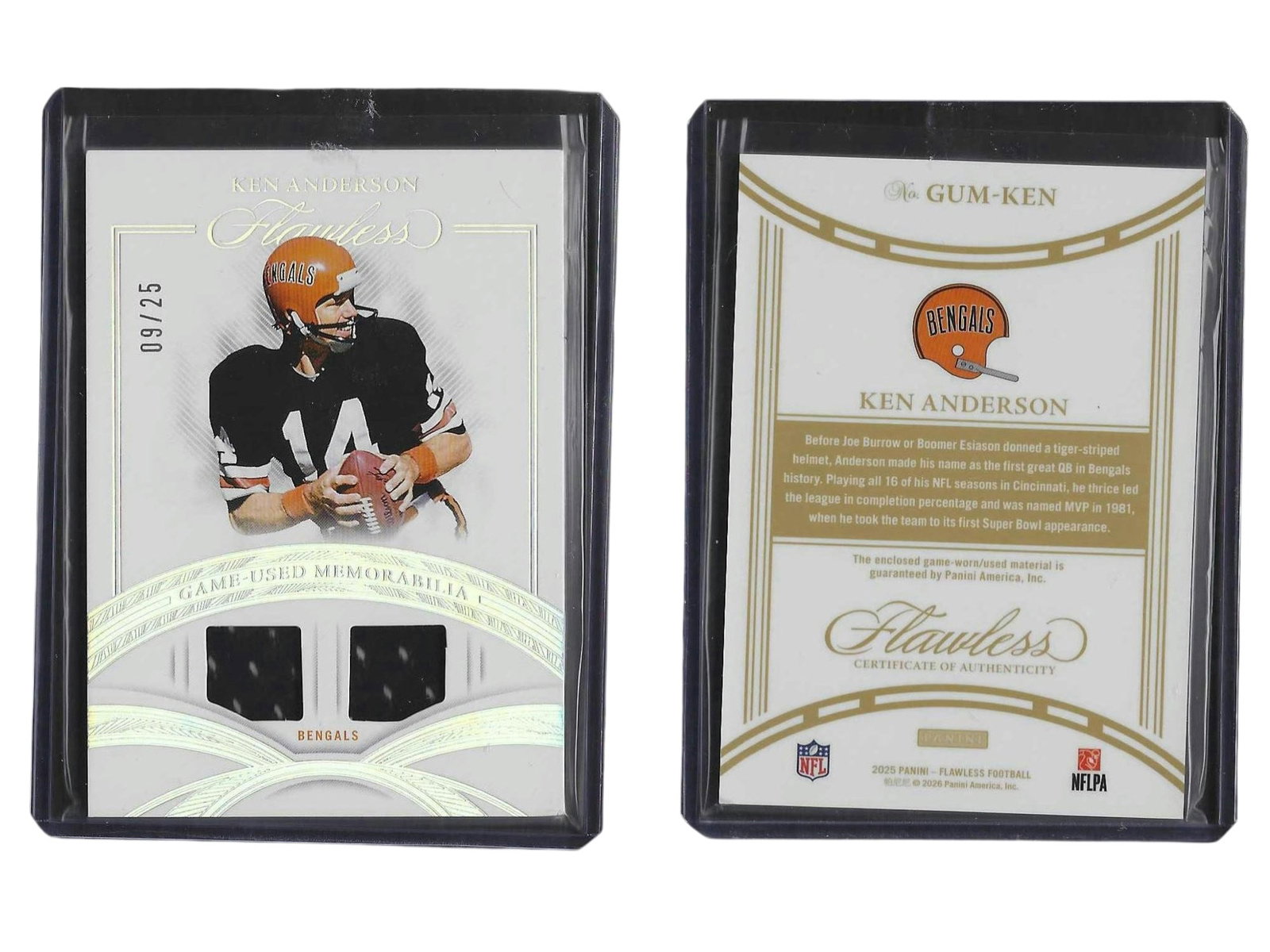 2025 PANINI FLAWLESS FOOTBALL KEN ANDERSON #GUM-KEN DUAL GAME USED PATCH /25 BENGALS: This 2025 Panini Flawless memorabilia card features legendary Cincinnati Bengals quarterback Ken Anderson. Serial-numbered to just 25 copies, this ultra-limited, high-end piece showcases dual game-use