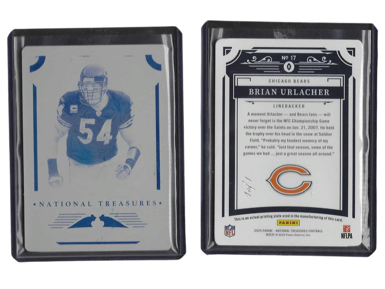 2025 PANINI NT FOOTBALL BRIAN URLACHER #17 BLUE PRINTING PLATE 1 OF 1 BEARS: This 2025 Panini National Treasures card features legendary Chicago Bears middle linebacker Brian Urlacher. Serial-numbered as a true 1-of-1 masterwork, this ultra-rare Blue Printing Plate is the actu