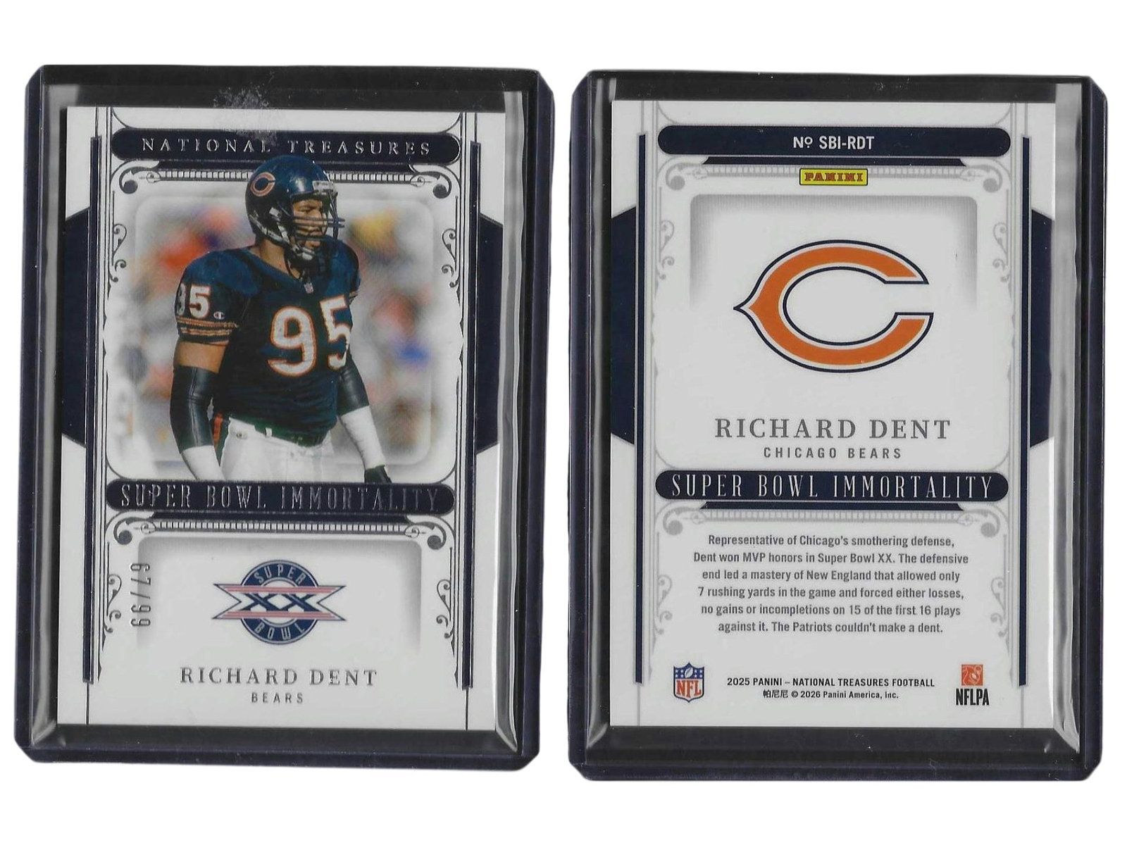 2025 PANINI NT FOOTBALL RICHARD DENT SUPER BOWL IMMORTALITY #SBI-RDT /99 BEARS: This 2025 Panini National Treasures "Super Bowl Immortality" card features legendary Chicago Bears pass rusher Richard Dent. Serial-numbered to 99, this limited-edition insert piece celebrates his ico