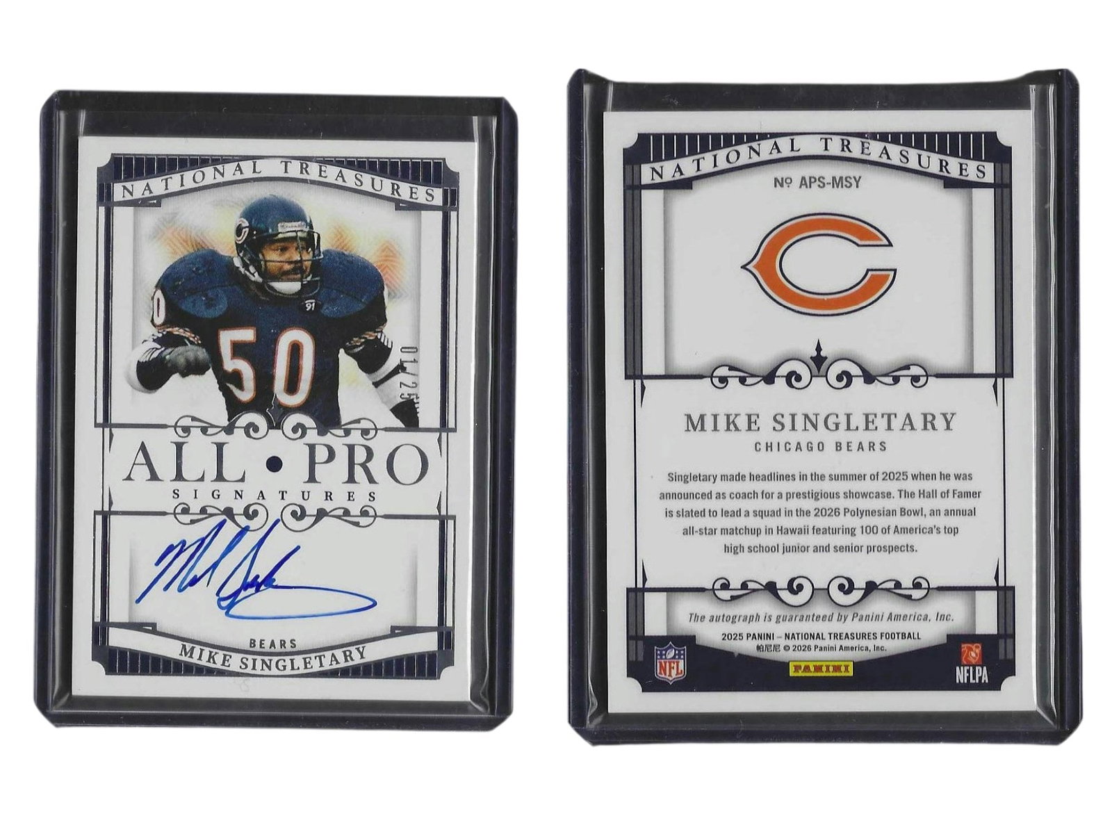 2025 PANINI NT FOOTBALL MIKE SINGLETARY #APS-MSY AUTO /25 BEARS: This 2025 Panini National Treasures "All-Pro Signatures" autographed card features legendary Chicago Bears middle linebacker Mike Singletary. Serial-numbered to just 25 copies, this low-numbered, high