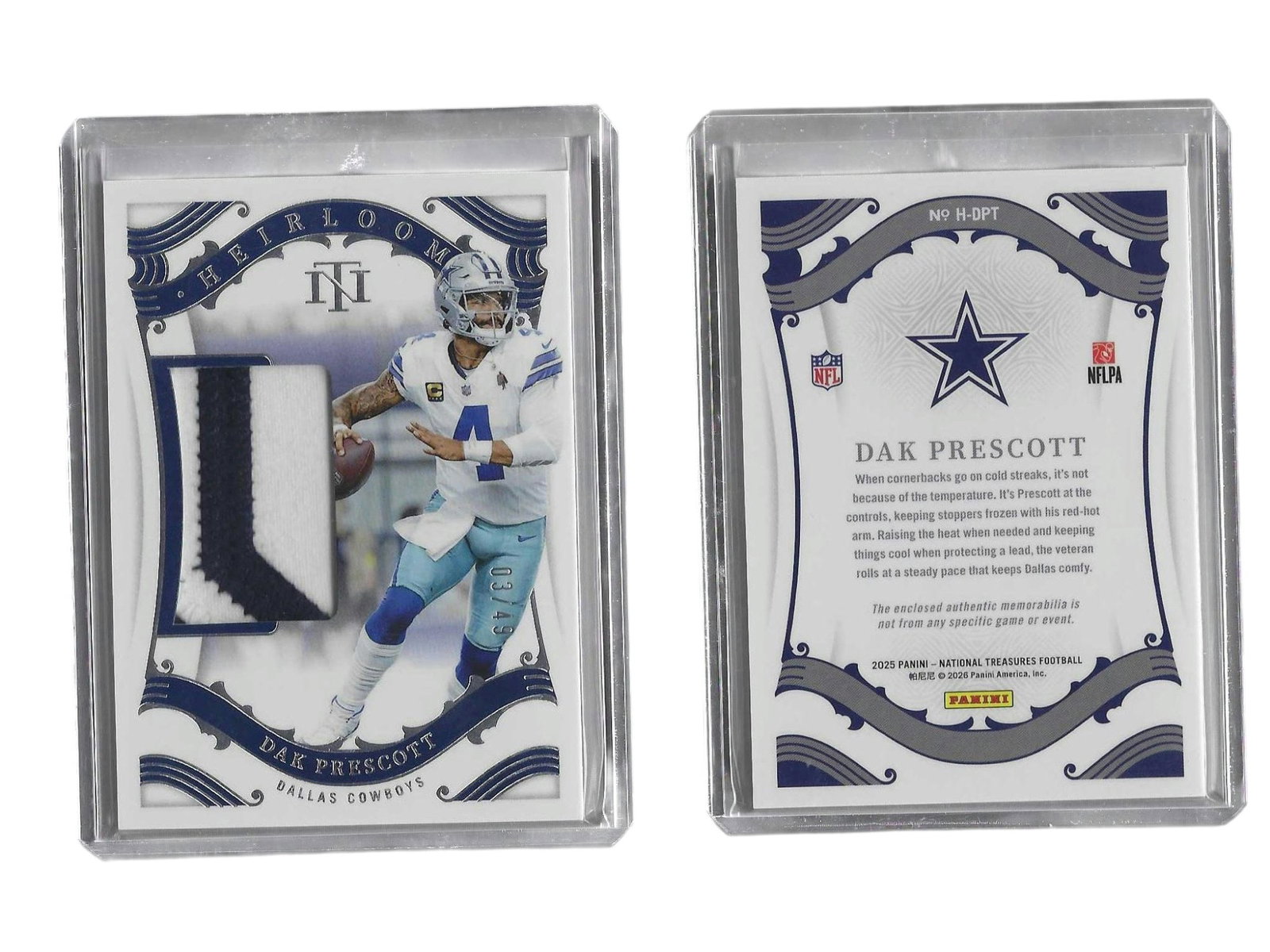 2025 PANINI NT FOOTBALL DAK PRESCOTT #H-DPT HERILOOM PATCH /49 COWBOYS: This 2025 Panini National Treasures "Heirlooms" memorabilia card features star quarterback Dak Prescott. Serial-numbered to 49, this limited-edition, high-end piece highlights a premium game-worn or p