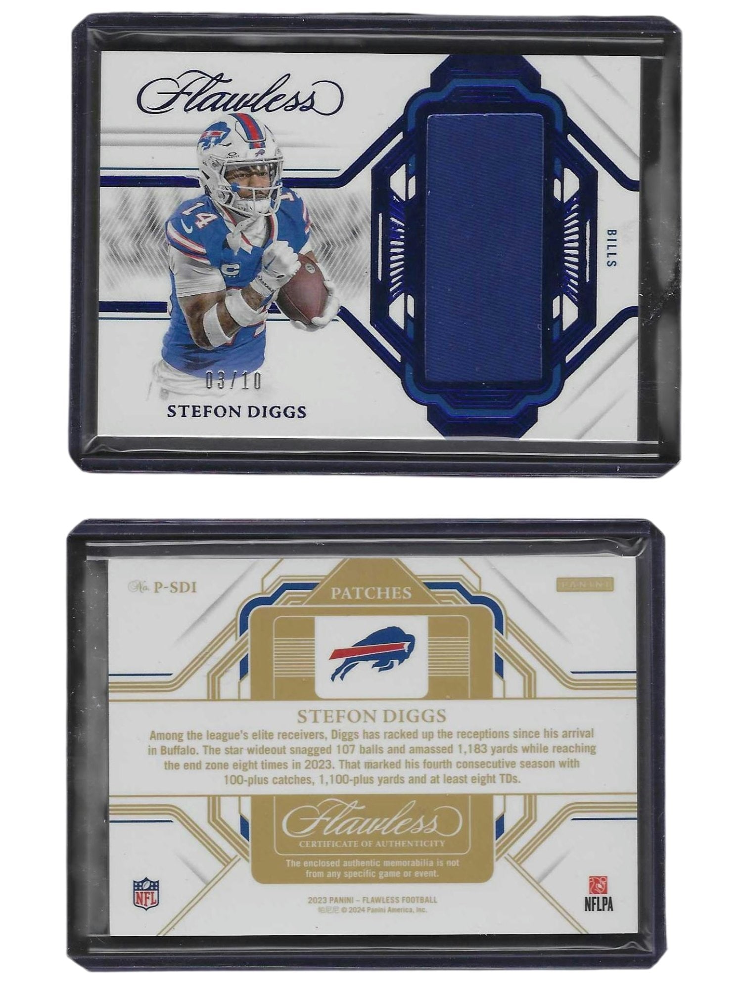 2023 PANINI FLAWLESS FOOTBALL STEFON DIGGS #P-SDI PATCH /10 BILLS: This 2023 Panini Flawless memorabilia card features star wide receiver Stefon Diggs. Serial-numbered to just 10 copies, this ultra-limited, high-end piece showcases a premium game-worn patch relic fro