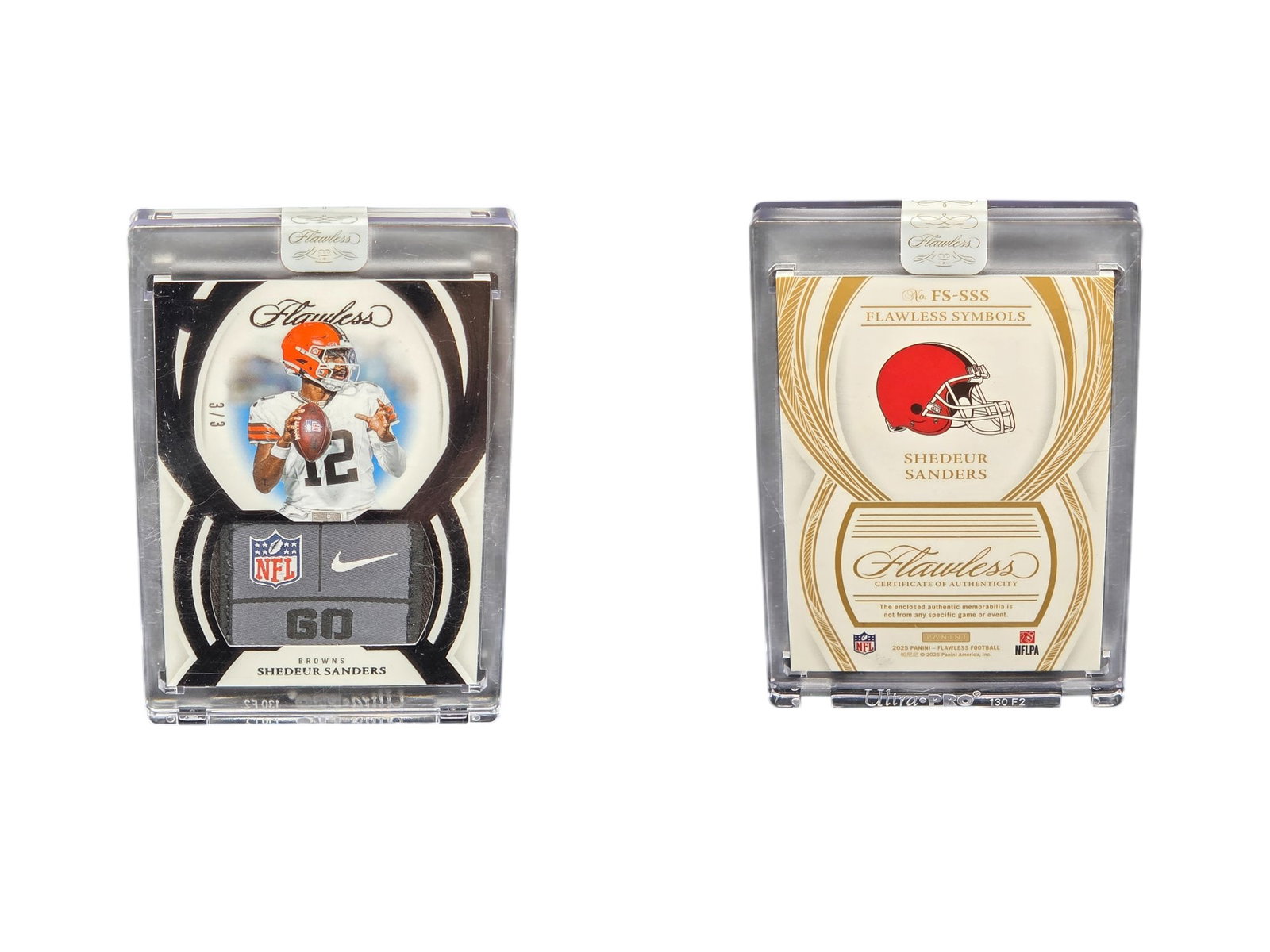 2025 PANINI FLAWLESS FOOTBALL SHEDEUR SANDERS #FS-SSS ROOKIE PATCH LAUNDRY TAG /3 BROWNS: This 2025 Panini Flawless Rookie Patch Laundry Tag card features quarterback Shedeur Sanders. Serial-numbered to just 3 copies, this ultra-rare piece showcases a premium, one-of-a-kind laundry tag mem