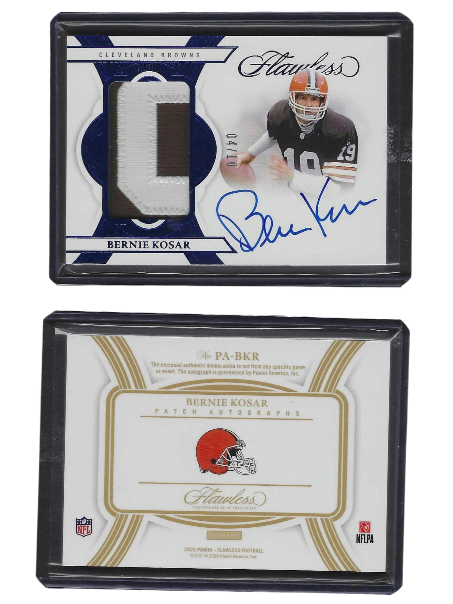 2025 PANINI FLAWLESS FOOTBALL BERNIE KOSAR #PA-BKR PATCH AUTO /10 BROWNS: This 2025 Panini Flawless Patch Autograph card features legendary Cleveland Browns quarterback Bernie Kosar. Serial-numbered to just 10 copies, this ultra-limited, high-end piece pairs a premium memor