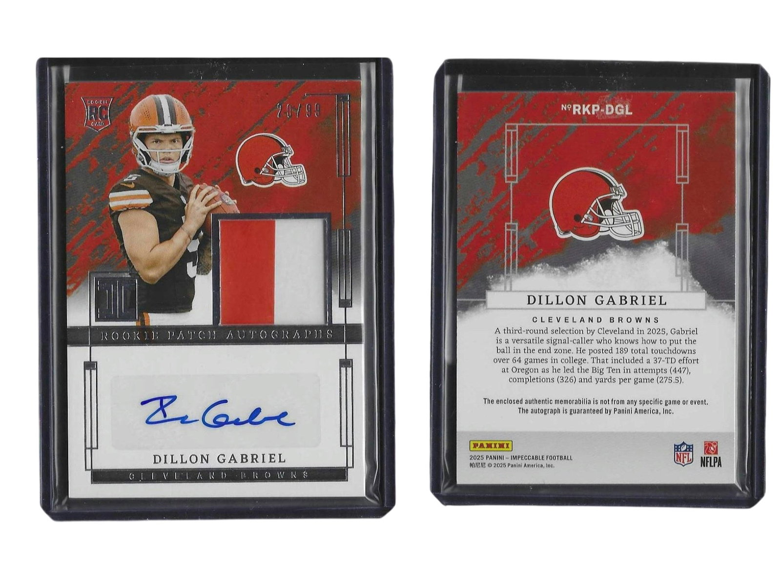 2025 PANINI IMPECCABLE FOOTBALL DILLON GABRIEL #RKP-DGL RPA /99 BROWNS: This 2025 Panini Impeccable Rookie Patch Autograph (RPA) card features highly productive quarterback Dillon Gabriel. Serial-numbered to 99, this limited-edition piece celebrates his arrival to the Cle