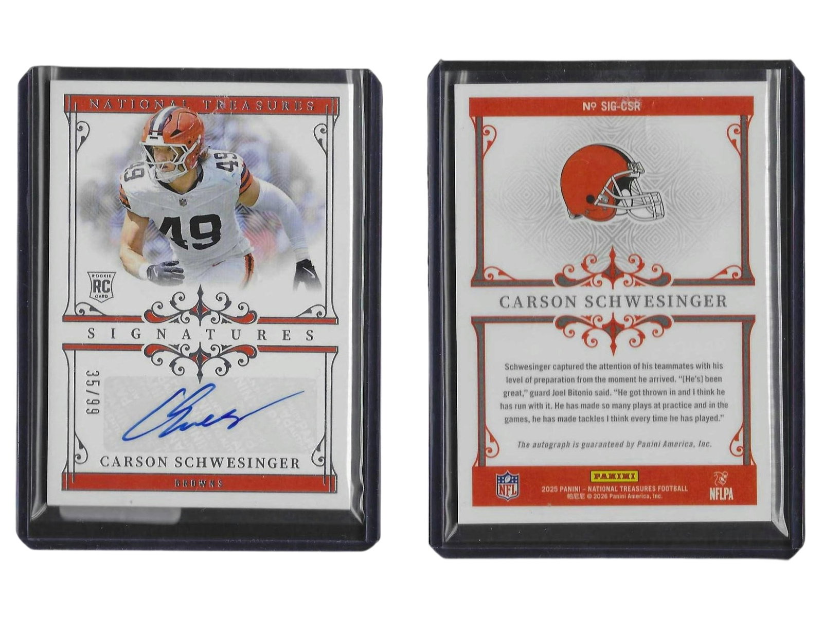 2025 PANINI NT FOOTBALL CARSON SCHWESINGER #SIG-CSR AUTO /99 BROWNS: This 2025 Panini National Treasures autographed card features Cleveland Browns standout linebacker Carson Schwesinger. Serial-numbered to 99, this limited-edition signature piece celebrates an unforge