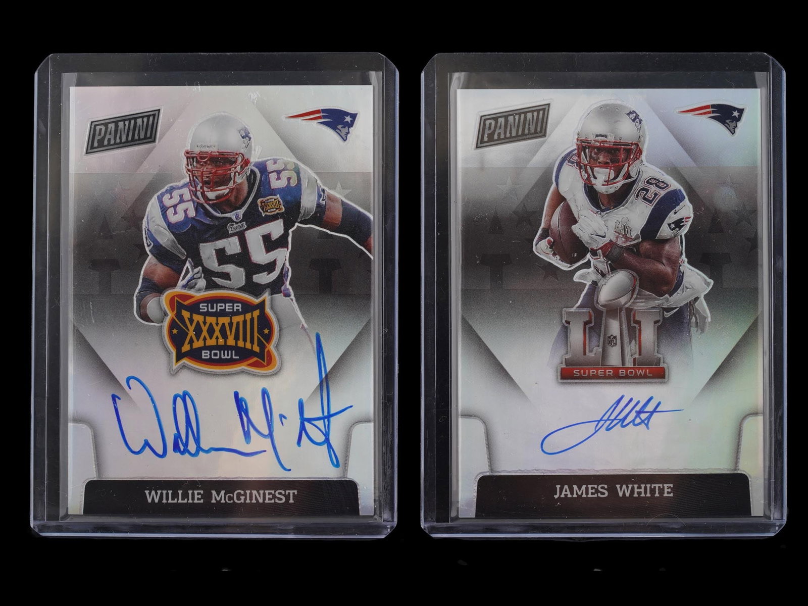 2022 PANINI SUPERBOWL JAMES WHITE WILLIE MCGINEST AUTOS: This elite pairing from the 2022 Panini Super Bowl Signatures series commemorates two defining chapters of the New England Patriots’ storied dynasty. The lot features a James White autographed card 