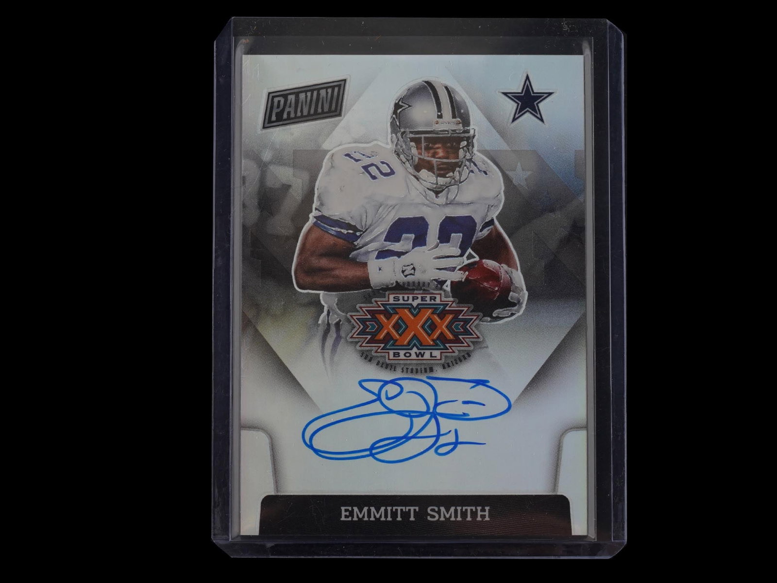 2022 PANINI PRIZM EMMITT SMITH SUPERBOWL AUTO SSP: This exceptional 2022 Panini Prizm autograph celebrates the unparalleled postseason legacy of Dallas Cowboys icon and NFL all-time leading rusher, Emmitt Smith. As a Super Bowl Signatures "Super Short