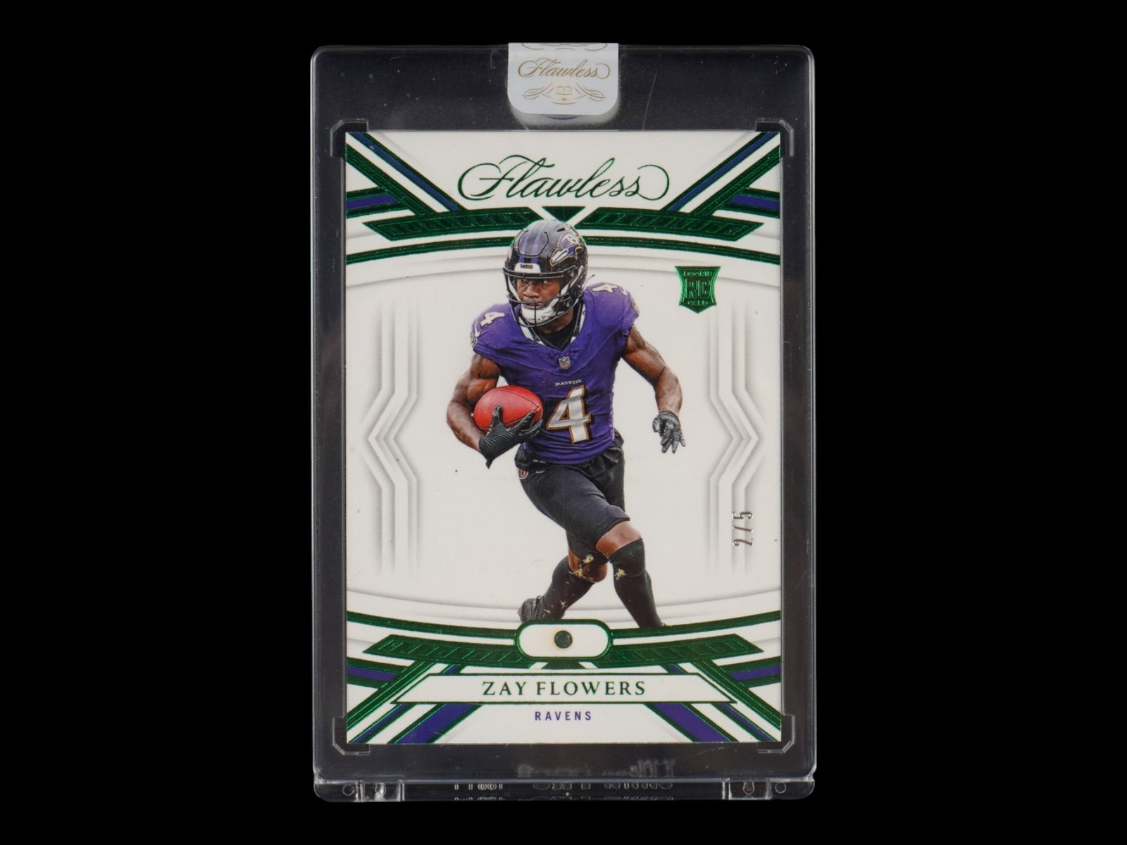 2023 FLAWLESS ZAY FLOWERS EMERALD /5 GEMSTONE: This exquisite 2023 Panini Flawless rookie card features Baltimore Ravens wide receiver Zay Flowers in the elite Emerald parallel, strictly limited to only five copies worldwide. As a cornerstone of P