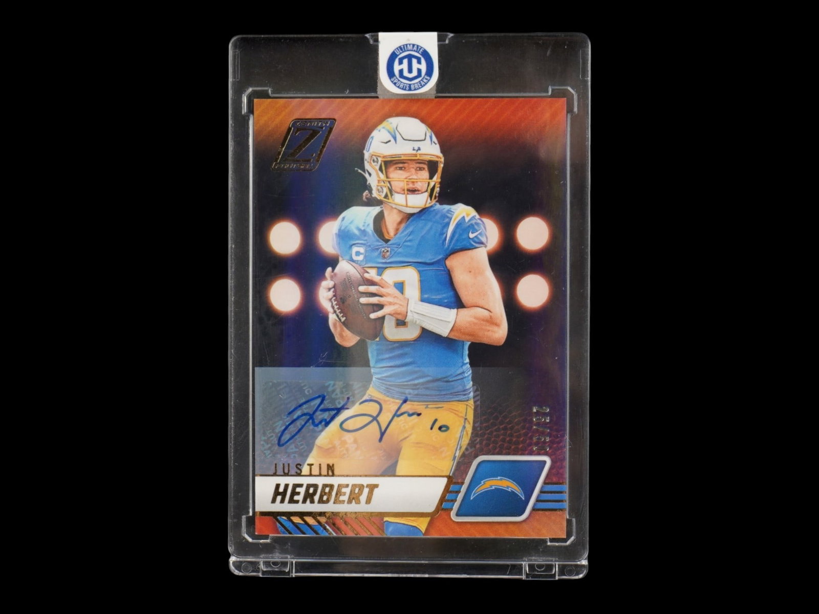 2023 PANINI ZENITH JUSTIN HERBERT AUTO /50: This standout 2023 Panini Zenith card features the authenticated signature of Los Angeles Chargers star quarterback Justin Herbert. Serial-numbered to only 50 copies worldwide, this specimen is a prem