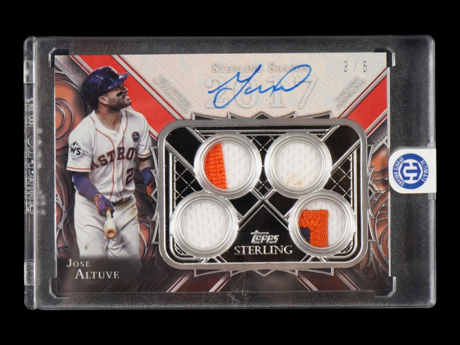 2022 TOPPS STERLING JOSE ALTUVE QUAD PATCH AUTO /5: This premier 2022 Topps Sterling card celebrates Houston Astros second baseman Jose Altuve and his historic 2017 MVP campaign. Hailing from the prestigious "Sterling Seasons" subset, this specimen is 