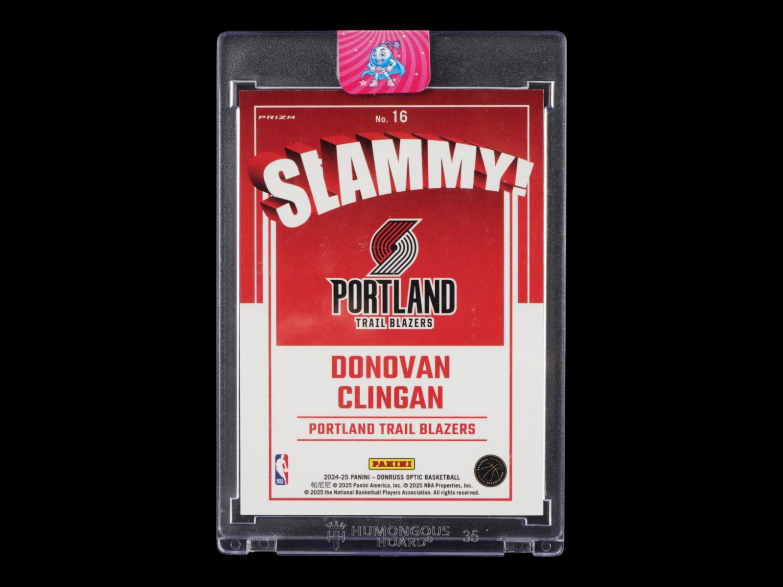 2024-25 DONRUSS OPTIC DONOVAN CLINGAN SLAMMY! SSP RC: This elite Short Print (SSP) from the 2024-25 Donruss Optic collection features Portland Trail Blazers rookie center Donovan Clingan in the highly coveted "Slammy!" insert set. Often misread as