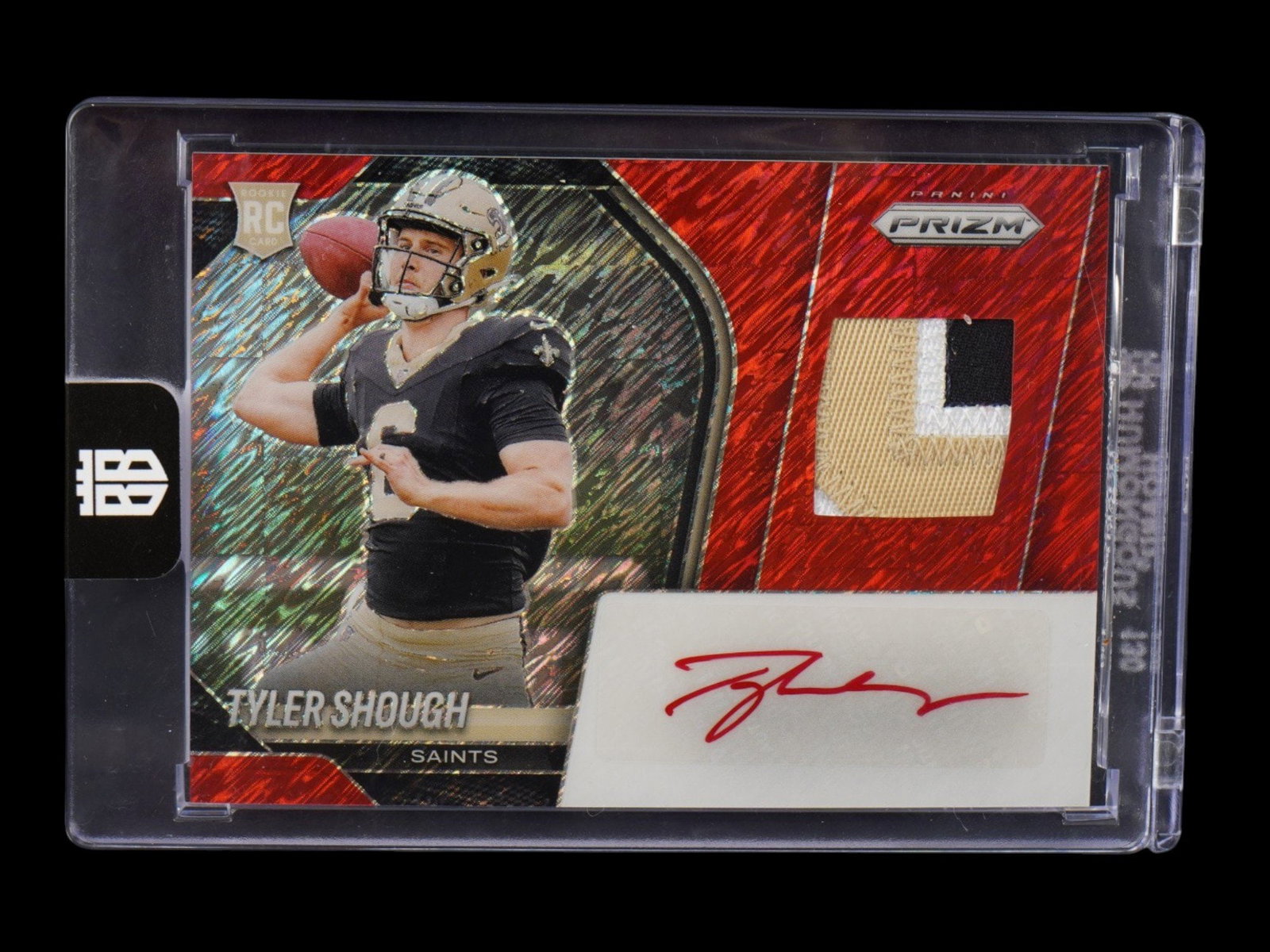 2025 PANINI PRIZM TYLER SHOUGH SHIMMER PATCH AUTO /25 RC: This premier 2025 Panini Prizm rookie card features New Orleans Saints quarterback Tyler Shough in the highly coveted Shimmer parallel. Strictly limited to only twenty-five copies worldwide, this spec