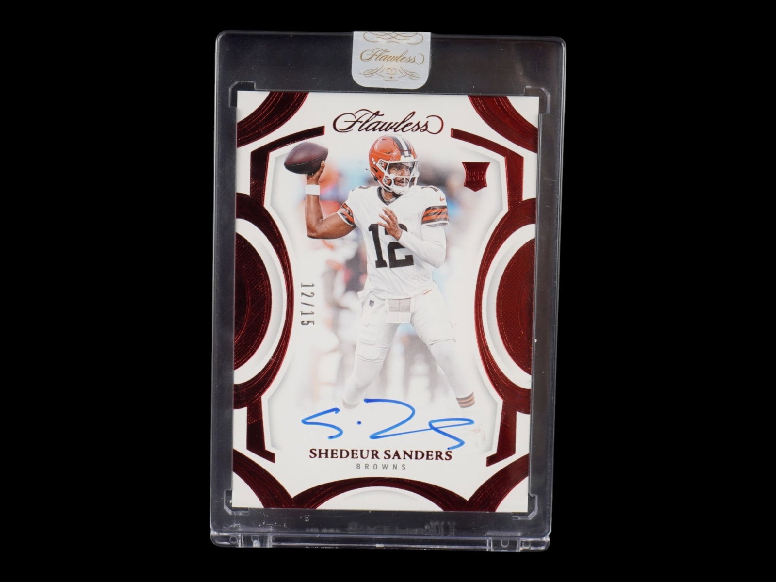 2025 FLAWLESS SHEDEUR SANDERS ROOKIE FRAME SIGNATURES /15: This premier 2025 Panini Flawless rookie card features Cleveland Browns quarterback Shedeur Sanders in the highly coveted "Rookie Frame Signatures" subset. Strictly limited to only 15 copies worldwide
