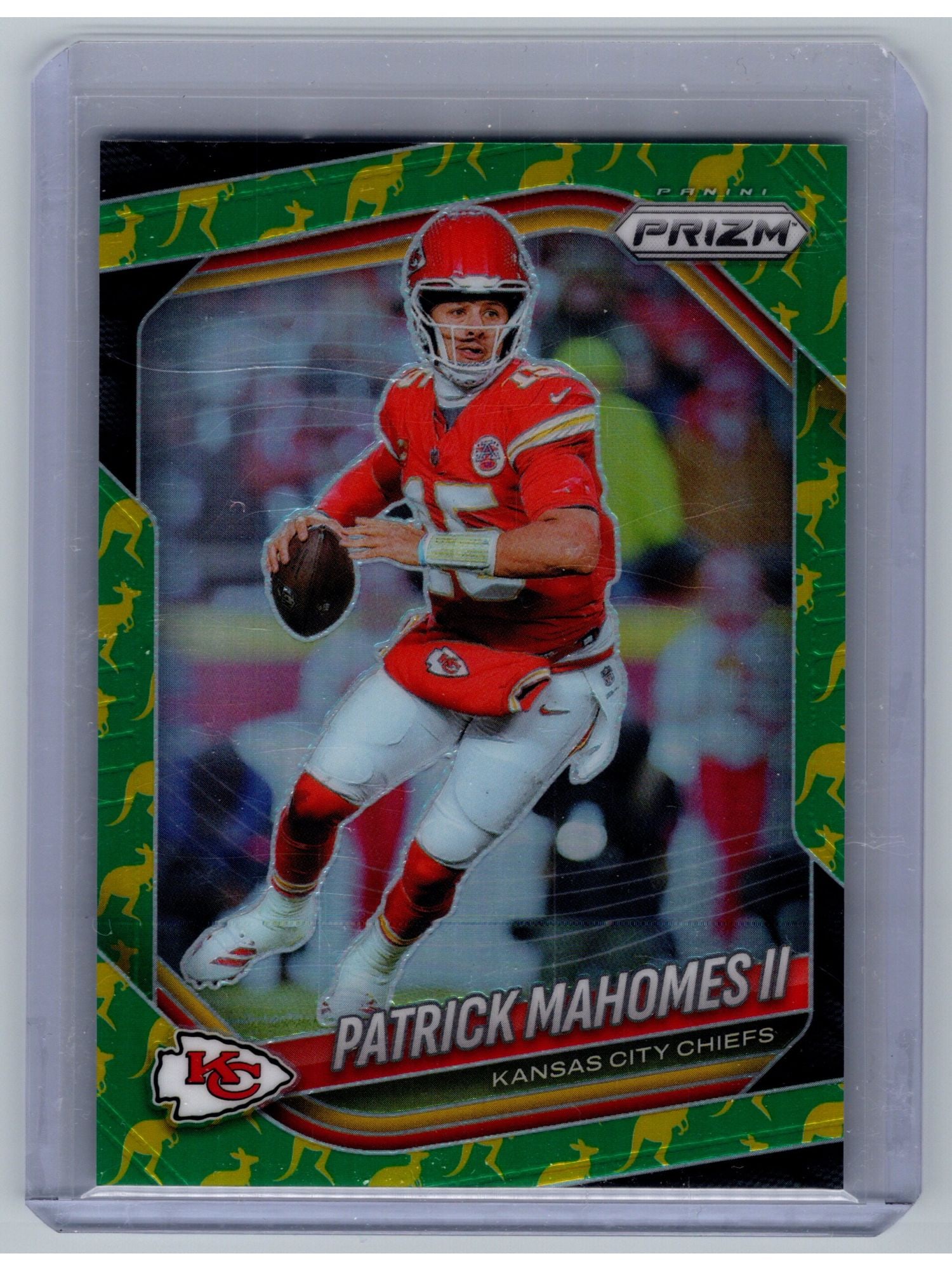 2025 PRIZM PATRICK MAHOMES II #26 KANGAROO /61 SSP: This 2025 Panini Prizm Kangaroo parallel, serial-numbered to just 61 copies, features Kansas City Chiefs superstar quarterback Patrick Mahomes II. As card #26 in the base set, this super short print