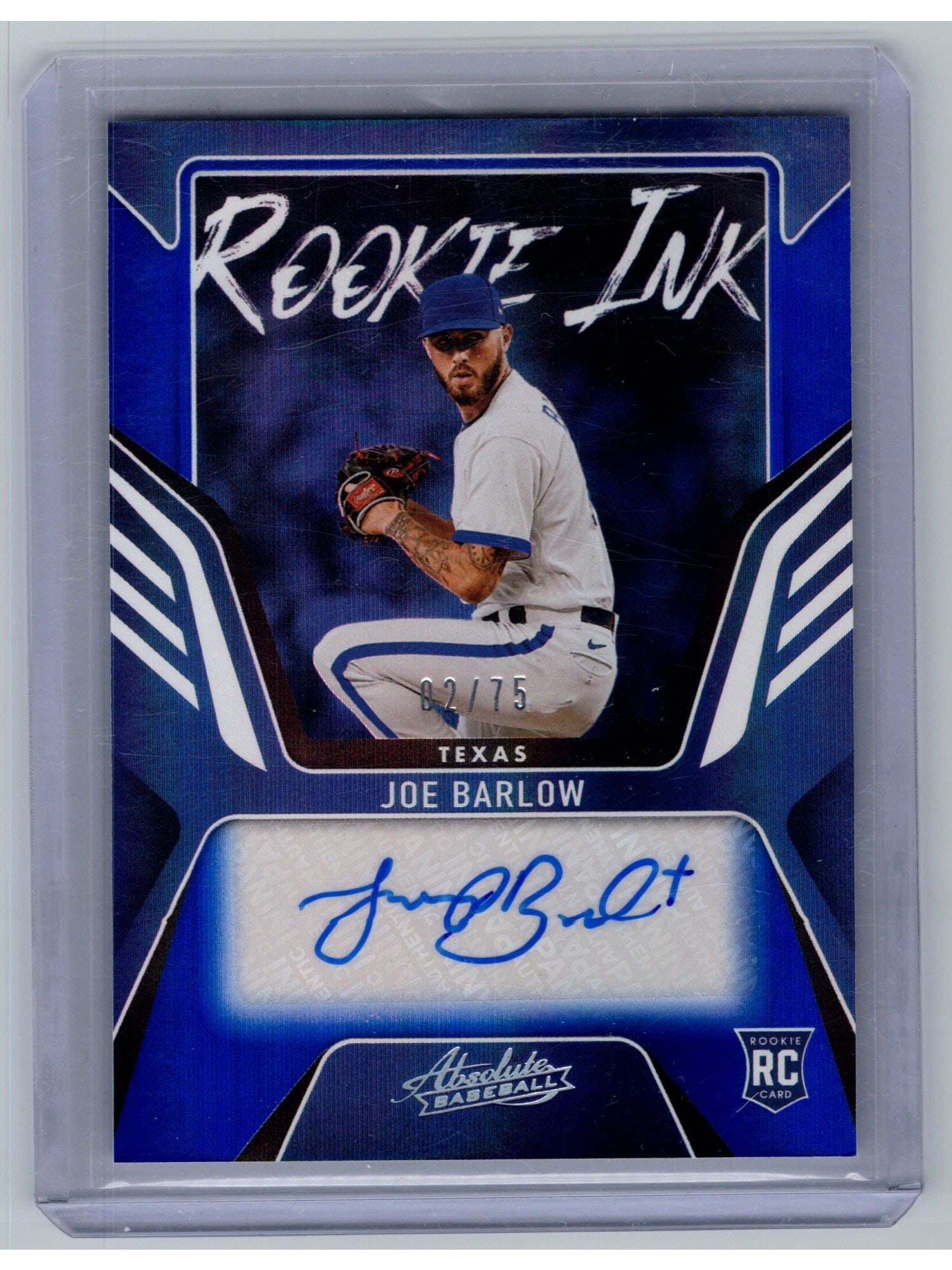 2022 PANINI ABSOLUTE ROOKIE INK SPECTRUM BLUE JOE BARLOW #RKI-JB /75: This 2022 Panini Absolute "Rookie Ink" Spectrum Blue autographed card features Texas Rangers right-handed relief pitcher Joe Barlow. Serial-numbered to 75, this limited-edition parallel celebrates