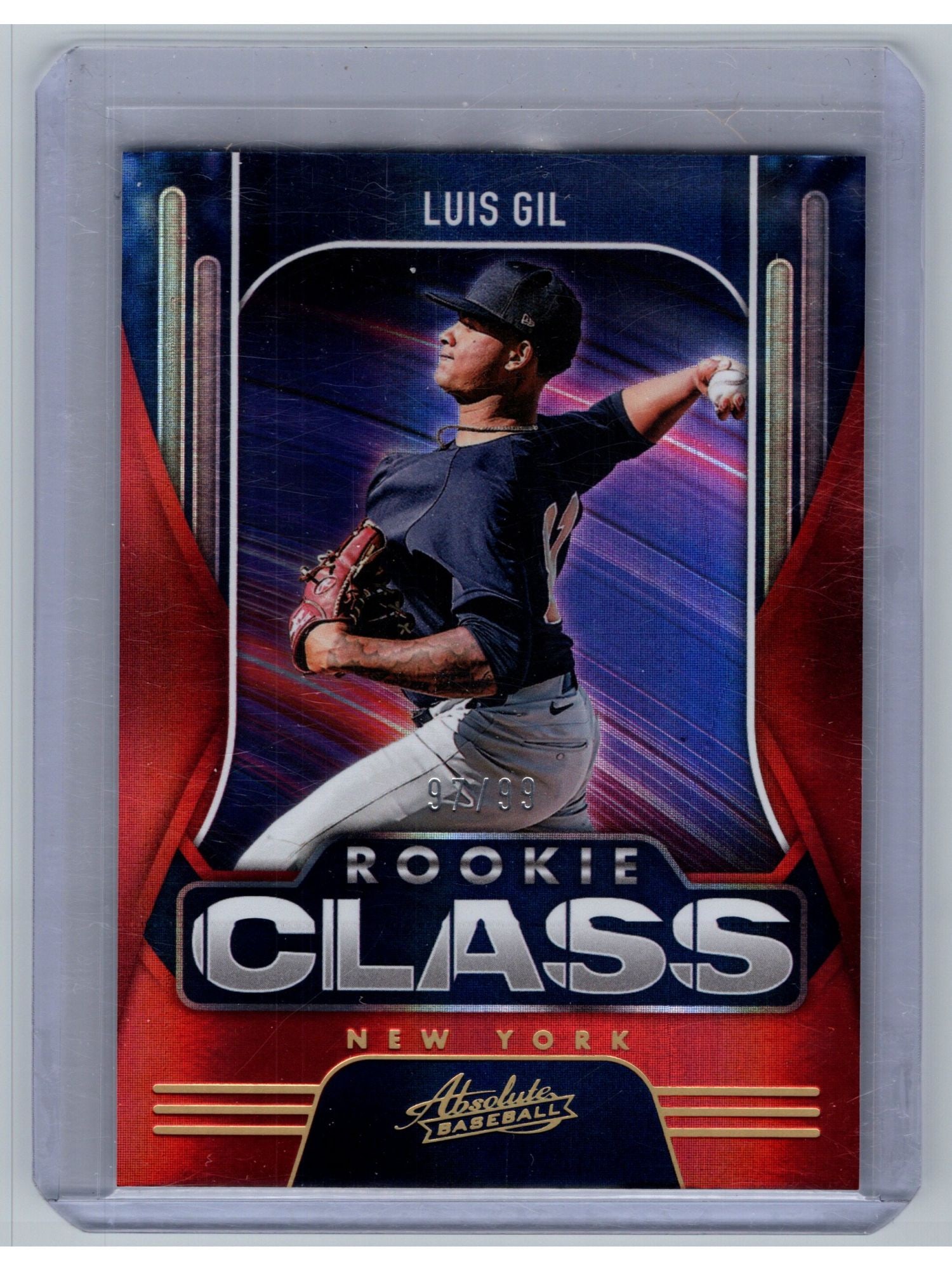 2022 PANINI ABSOLUTE ROOKIE CLASS LUIS GIL #RC-15 /99: This 2022 Panini Absolute "Rookie Class" parallel, serial-numbered to 99, features New York Yankees right-handed pitcher Luis Gil. While this card celebrates his initial prospect hype following his 20