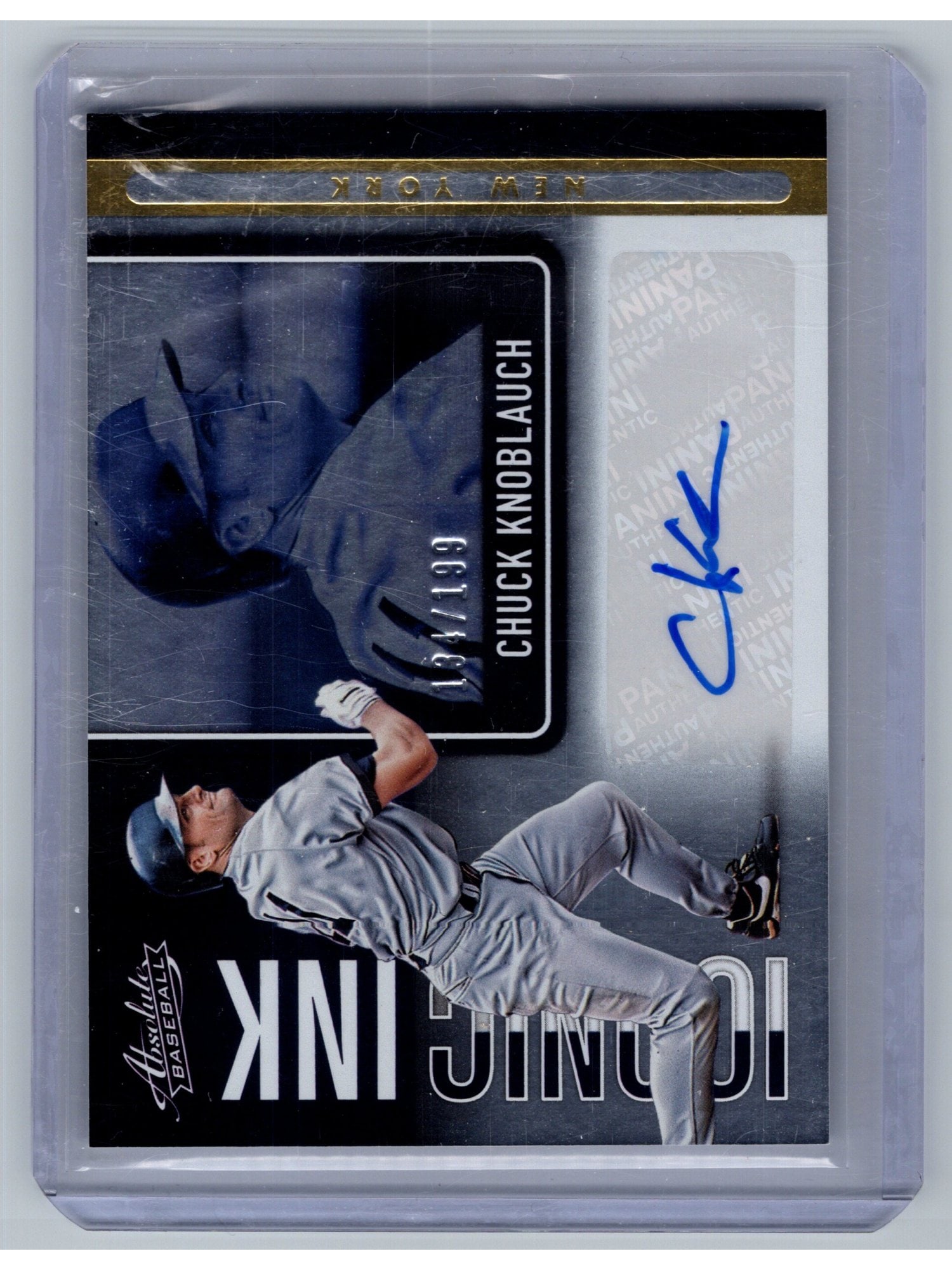 2022 PANINI ABSOLUTE ICONIC INK CHUCK KNOBLAUCH #II-CK /199: This 2022 Panini Absolute "Iconic Ink" autographed card features four-time World Series champion and 1991 AL Rookie of the Year, Chuck Knoblauch. Serial-numbered to 199, this release celebrates his te
