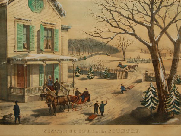 Winter Scene in the Country, late 19th Century: 7. William Robertson, printer/J. Kelley & Son, publisher Winter Scene in the Country, late 19th Century Lithograph in colors 17 x 24 ½ in. framed Kennedy Galleries label, verso