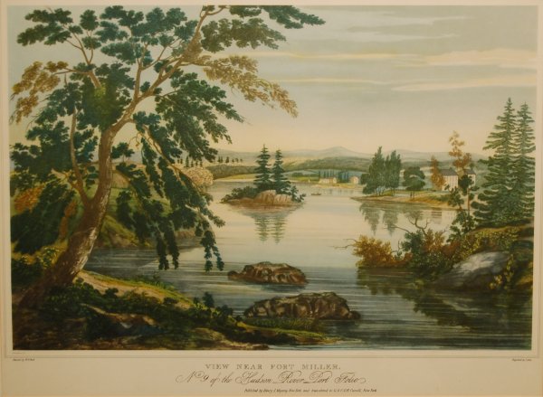 View Near Fort Miller, No. 9 of the Hudson River Po: 11. Henry Megarey, publisher/I.Hill, engraver/H.G. Wall, artist View Near Fort Miller, No. 9 of the Hudson River Port Folio, mid 19th Century Etching and Aquatint in colors 13 ¾ x 20 ¾ in. framed Ke