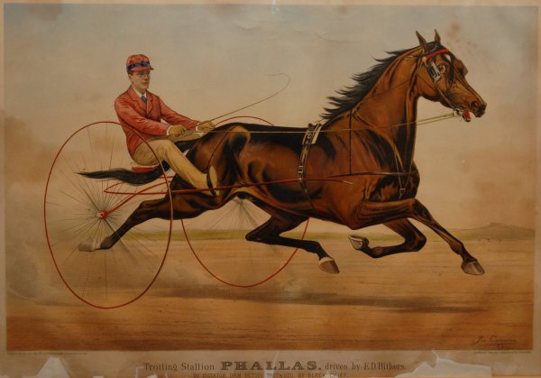Trotting Stallion Phallas, driven by E.D. Bithers, : 18. Currier & Ives, publisher/ J. Cameron, artist Trotting Stallion Phallas, driven by E.D. Bithers, 1883 (Conningham # 5157/Gale #6702) Hand colored engraving 17 ½ x 26 ½ in. framed Kennedy Galleri