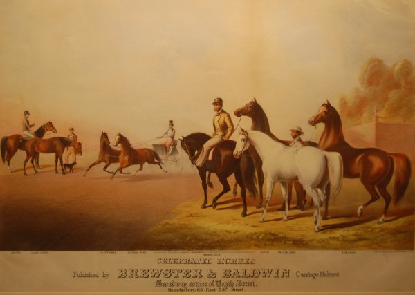 Celebrated Horses: Lantern, Flora, Temple, Flatbush: 27. Hatch & Co., publishers Celebrated Horses: Lantern, Flora, Temple, Flatbush Mare, Brown Dick, Lancet, Little John, N.J, 1863 Lithograph in colors 17 x 28 1/8 in. framed Kennedy Galleries label, ve